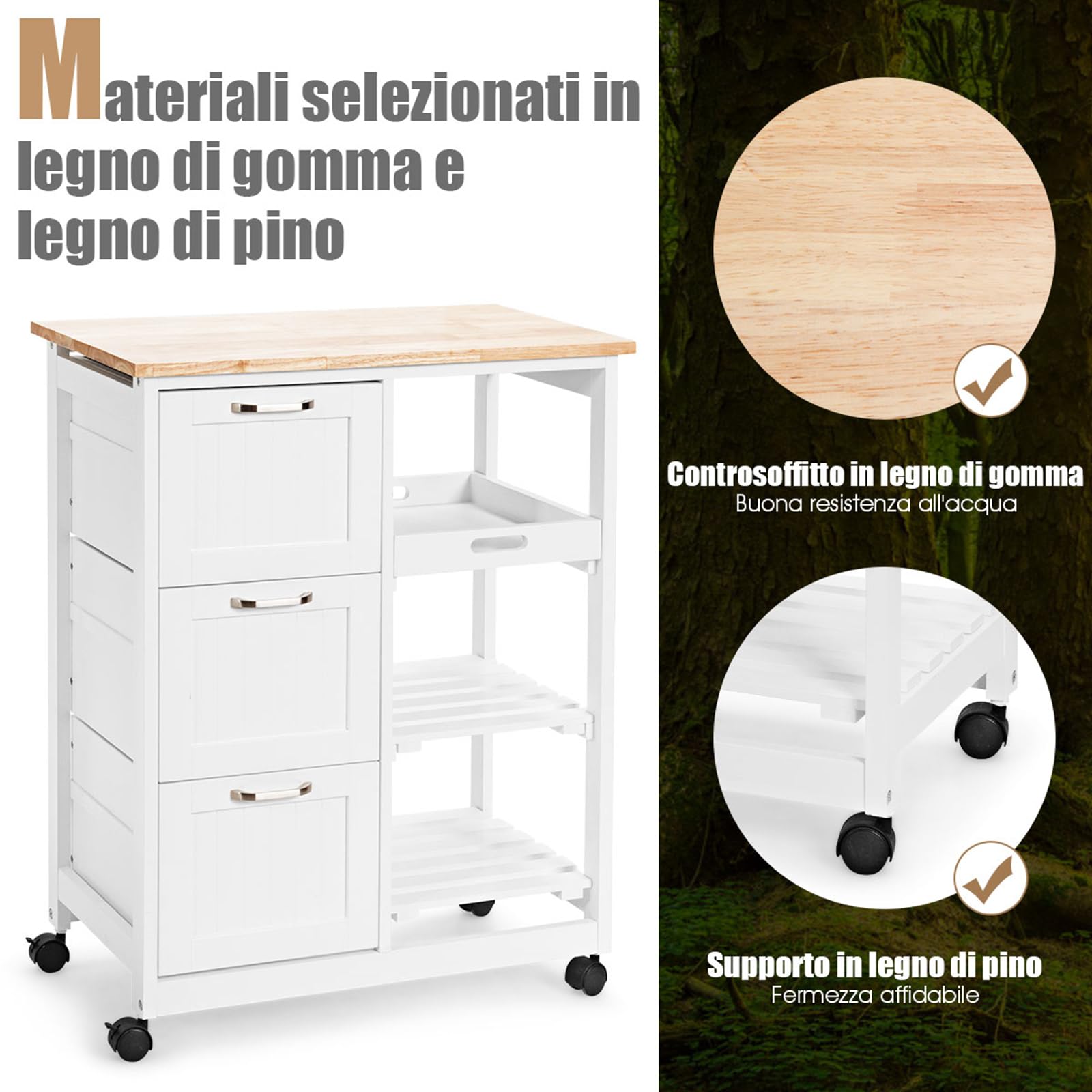 COSTWAY Carrello da Cucina con Ruote, Credenza Cucina con 4 Ripiani e 3 Cassetti, in Legno, Ideale per Cucina Ristorante e Bar, 67 x 37 x 83,5 cm (Bianco)