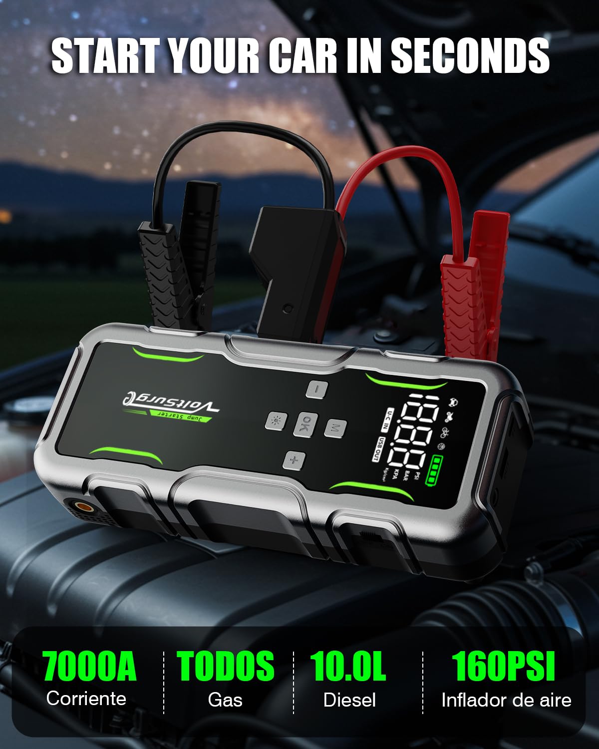 7000A Arrancador de Baterias de Coche con Compresor de Aire, Arrancador de Coches con 160PSI Inflador de Neumáticos, 12V Jump Starter (Todo Gasolina o 12L Diésel) con Pinzas de Seguridad, Lumen LED