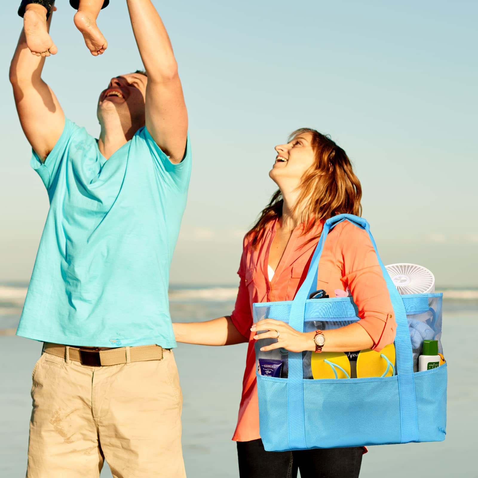 Mesh Strandtasche XXL Familie mit Reißverschluss, Groß Faltbar Sandkontrolle Ultraleicht Badetasche Tasche Schwimmtasche, für Damen Herren Sommer Strand Urlaub