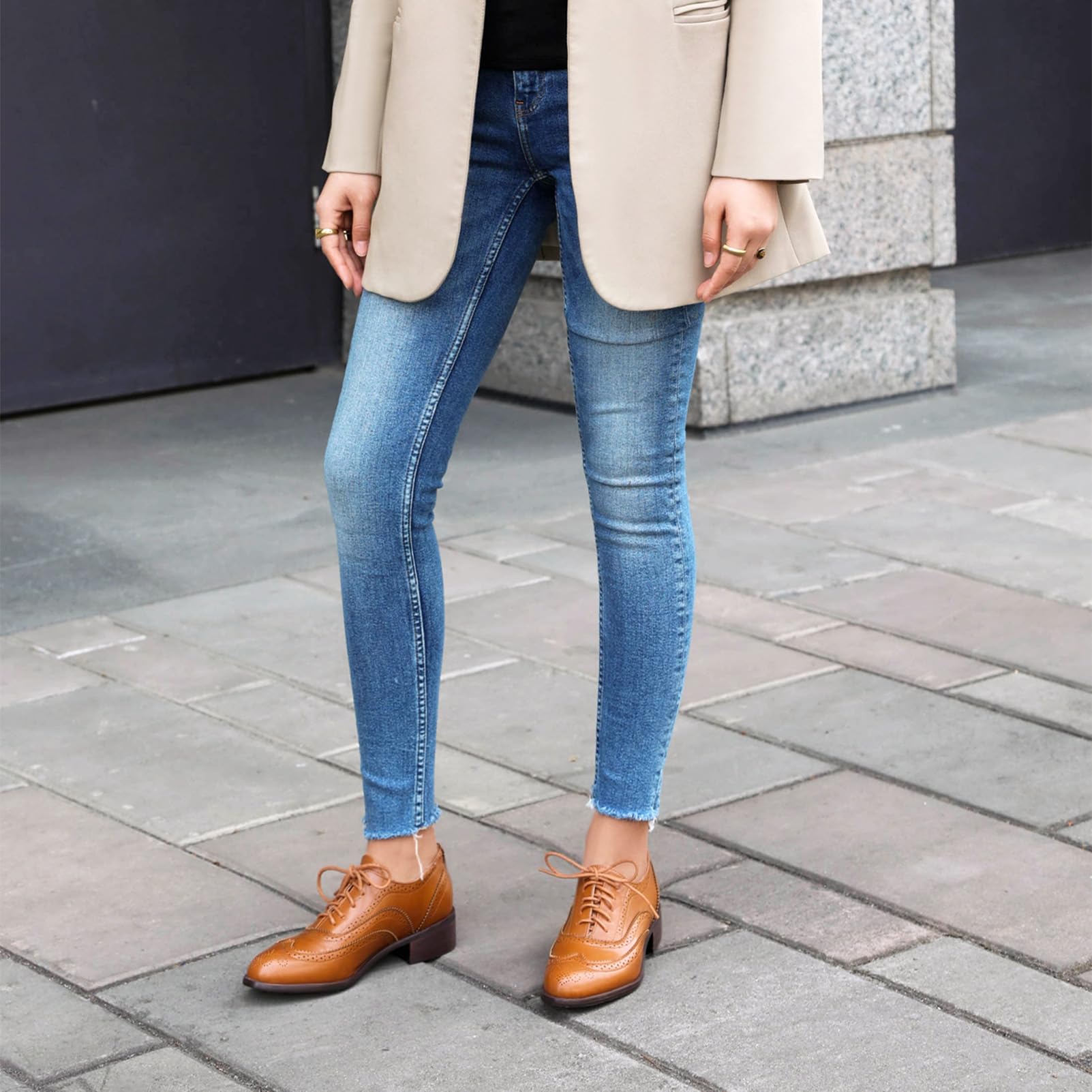 ANUFER Mujeres Tacón de Bloque Wingtip Brogues Caña Baja Oxfords Zapatos de Salón