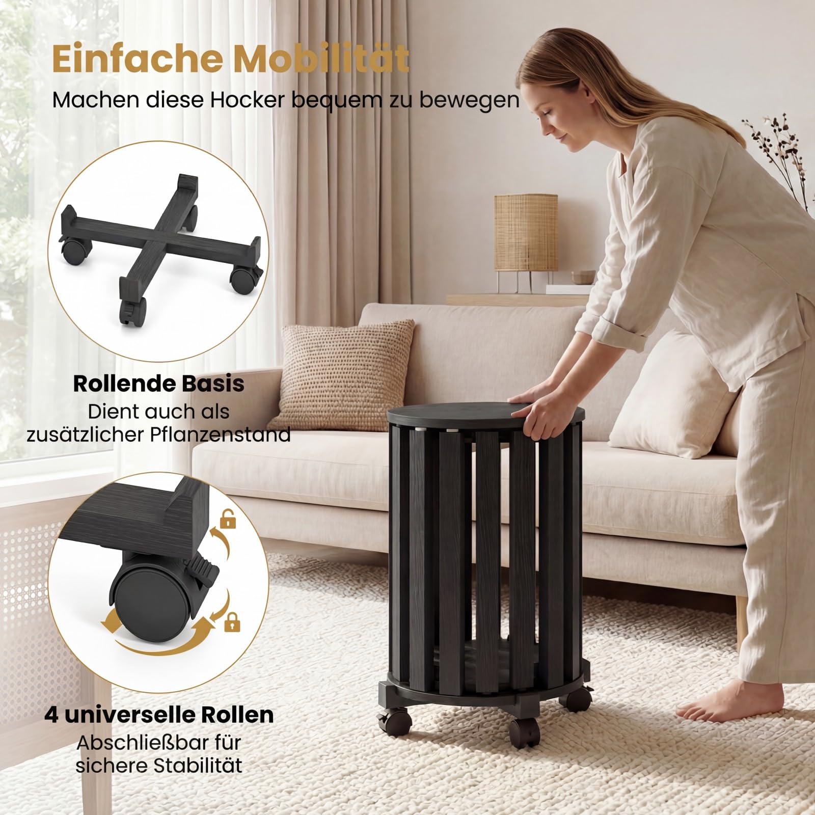 COSTWAY 4er Set Esszimmerhocker stapelbar, Stapelhocker mit Massivholzbeine & Rollenbasis, platzsparende holzstapelhocker, Holzhocker rund für Klassenzimmer, Küche, Wohnzimmer (Schwarz)