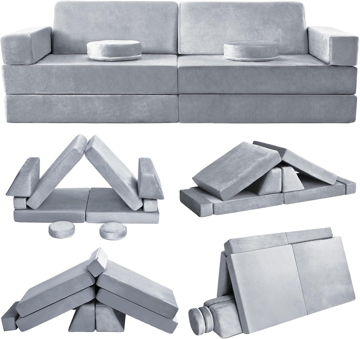 Kids Play Couch, 10 Pcs Toddler Sofa, Foam Modularized Convertible Set for Playroom Bedroom, Pink, MSH-032