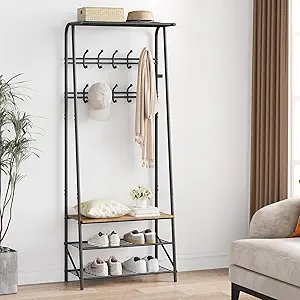 IDEALHOUSE Coat Rack Shoe Bench with 8 Hooks, Hall Trees Entryway Bench with Storage, Multifunctional Hallway Organizer, Wood Look Accent Furniture with Metal Frame for Entryway, Living Room, Bedroom