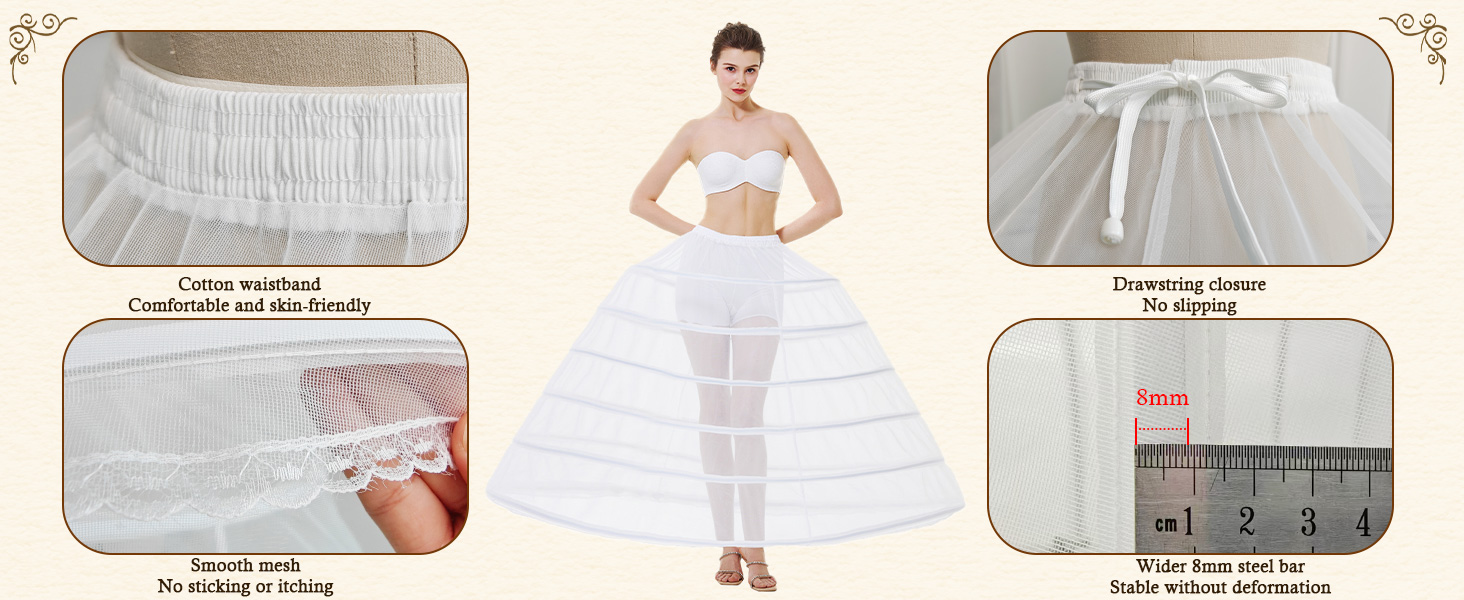 Sottogonna 3 Cerchi Regolabile RCYF Sottoveste Con 3 Cerchi - Regolabile In Vita, Per Abiti Da Sposa E Ballo - Bianco Crinolina 3 Cerchi Regolabile Vita Sposa - Foto 14