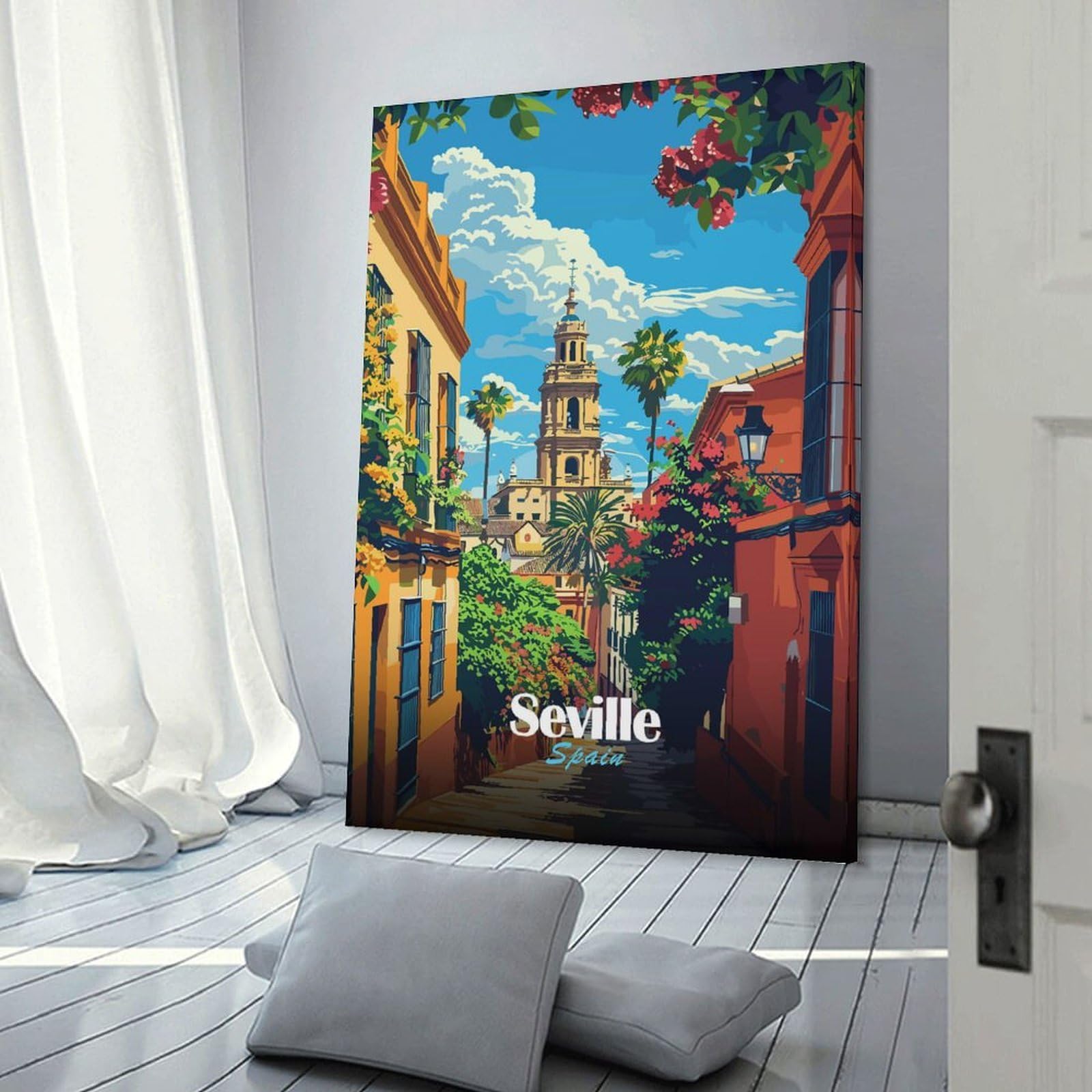 Junmoney Seville, Spain Street View Illustration Wall Art Print, 20x30inch(50x75cm), for Wall Displays, Bedrooms Or Room Updates, A Versatile Canvas Print for Layering
