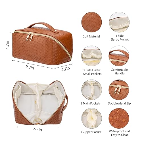 Miniatura 2 de Bolsa de maquillaje de viaje de gran capacidad para mujer, bolsa de cosméticos portátil impermeable con compartimentos, diseño plano plegable para