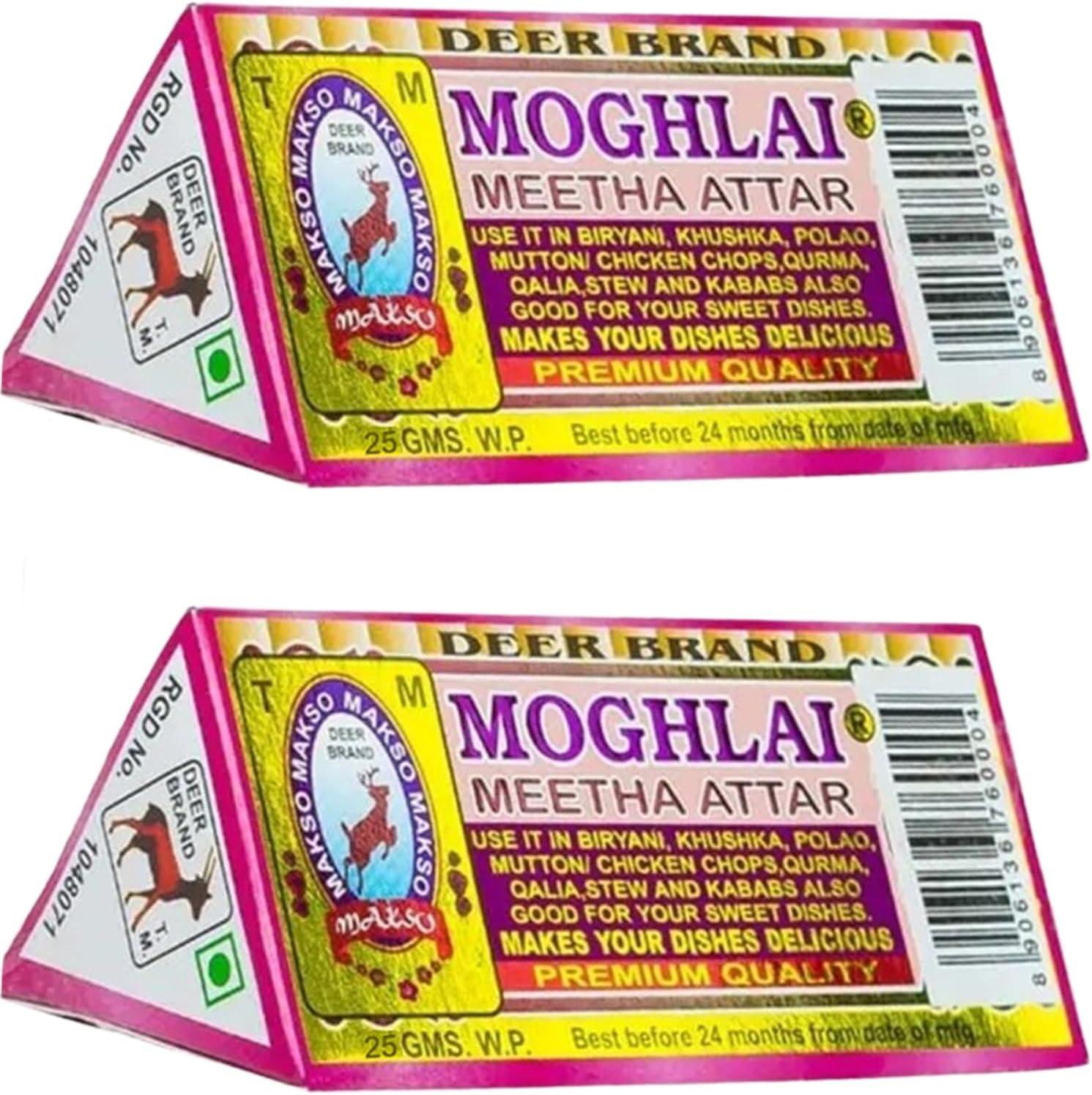 DEER BRAND Royal Mughlai Meetha (Mitha) Sweet Attar Biryani Essence 50g (25Pack of 2)(MFG By Flavour BucketⓇ MOHD. Afzal & Asrar Khan Kolkata) Cooking Biriyani, Pulao, Rice & Sweet Dishes, Mutton-Chicken, Chops, Korma, Khsuka, Stew,Kabab