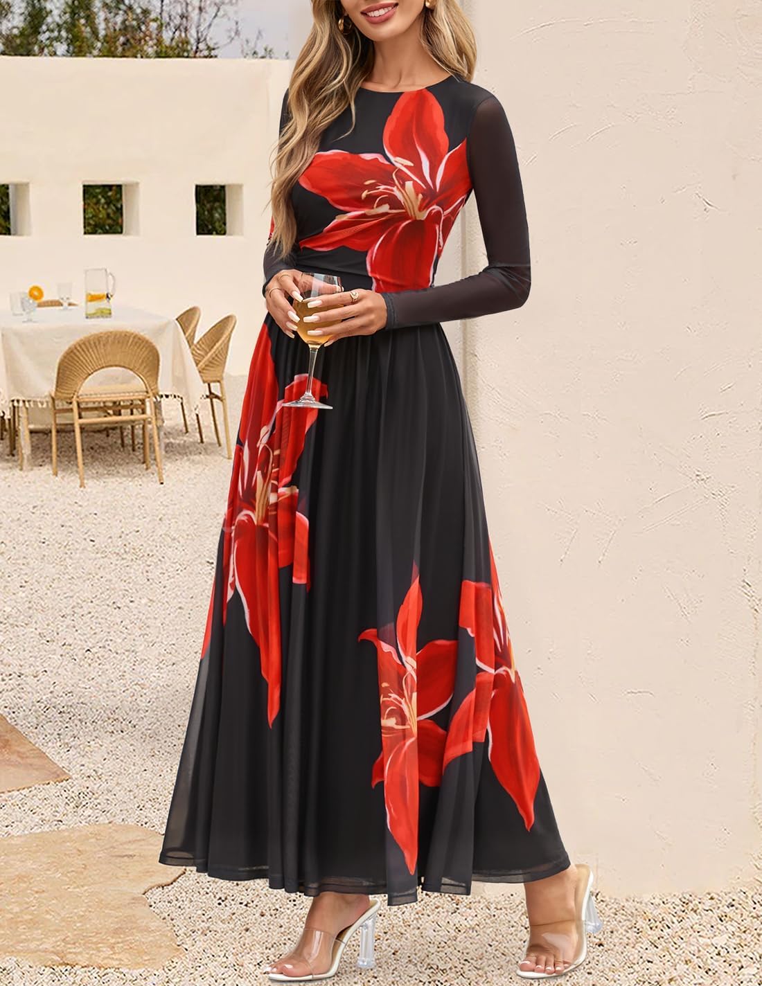 ZESICA Women's Maxi Dress 2026 Spring Long Sleeve Crewneck Floral Print Mesh Ruched Party Wedding Guest Dresses - Image 2