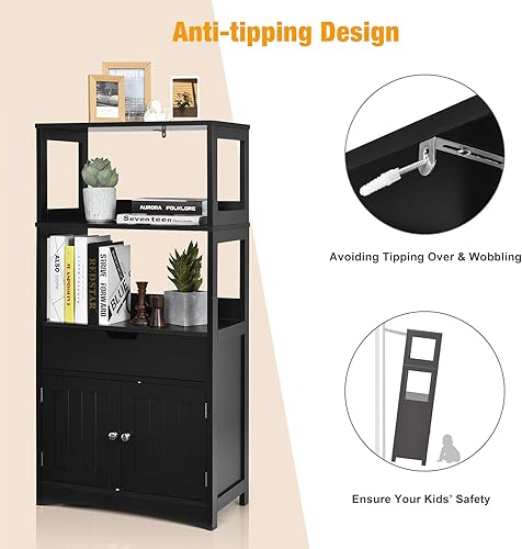 Miniatura 6 de Tangkula Armario de suelo de baño con cajón, 2 estantes abiertos y armario de puerta, gabinete de almacenamiento multiusos para baño, cocina, sala