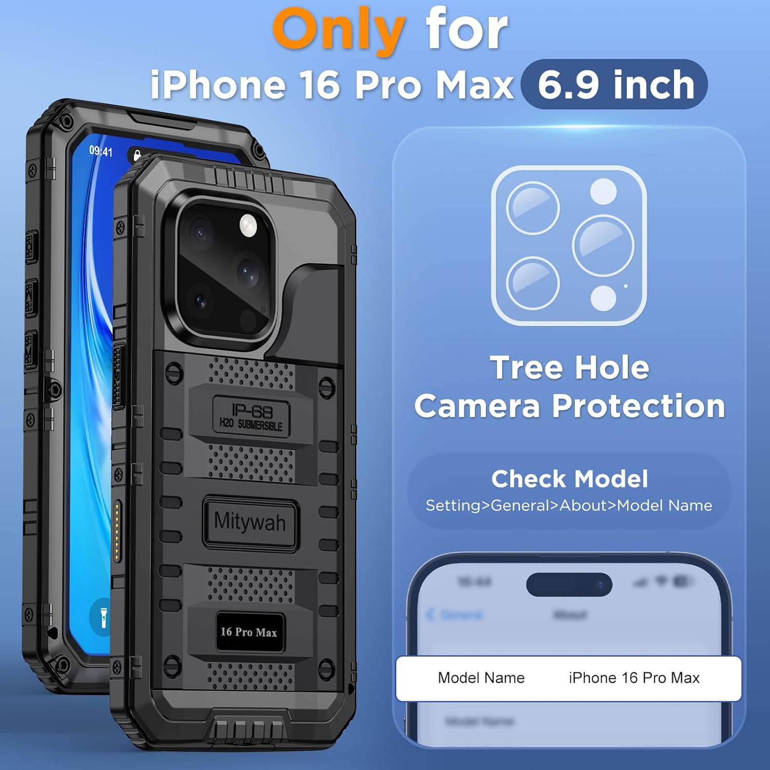 Mitywah Waterproof Case for iPhone 16 Pro Max, Shockproof Heavy Duty Case with Built-in Screen Protector, Underwater Full Body Protective Metal Case 6.9 inch, Black - Image 2