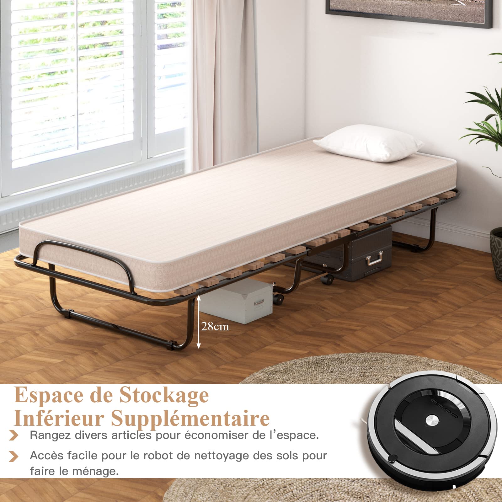 GOPLUS Lit Pliant 1 Personne 80x185CM, Lit Pliant Adulte avec Matelas en Mémoire 6,5 cm Orthopédique,Charge 136KG, Lit Pliable 1 Personne pour Invités et Othopédiques(Beige)