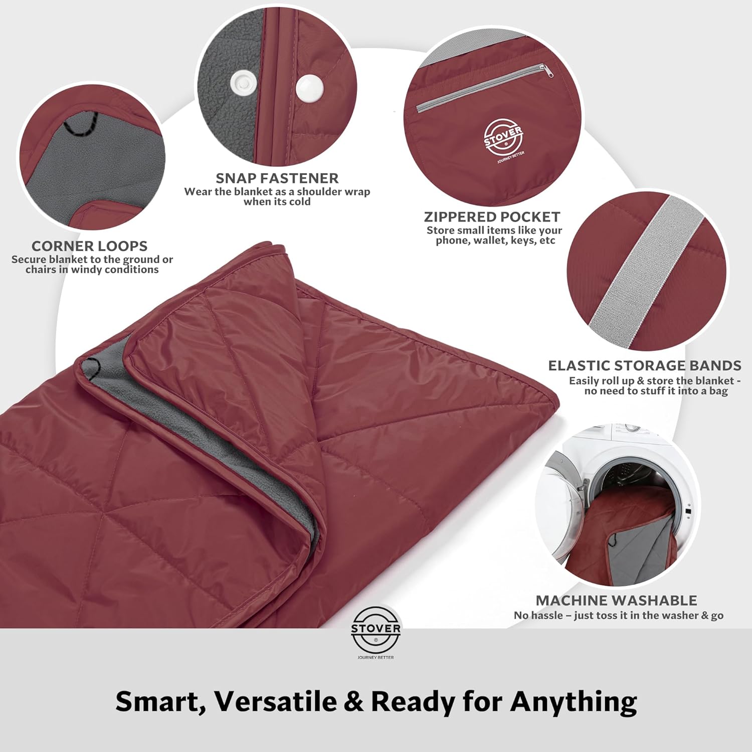 STOVER Large Waterproof Outdoor Stadium Blanket- Extra Thick Soft Fleece Camping Blanket for Travel, Picnics, Sports, 79"x55", Warm, Windproof, Sand-Proof, Lightweight, Packable (Game Day Crimson)