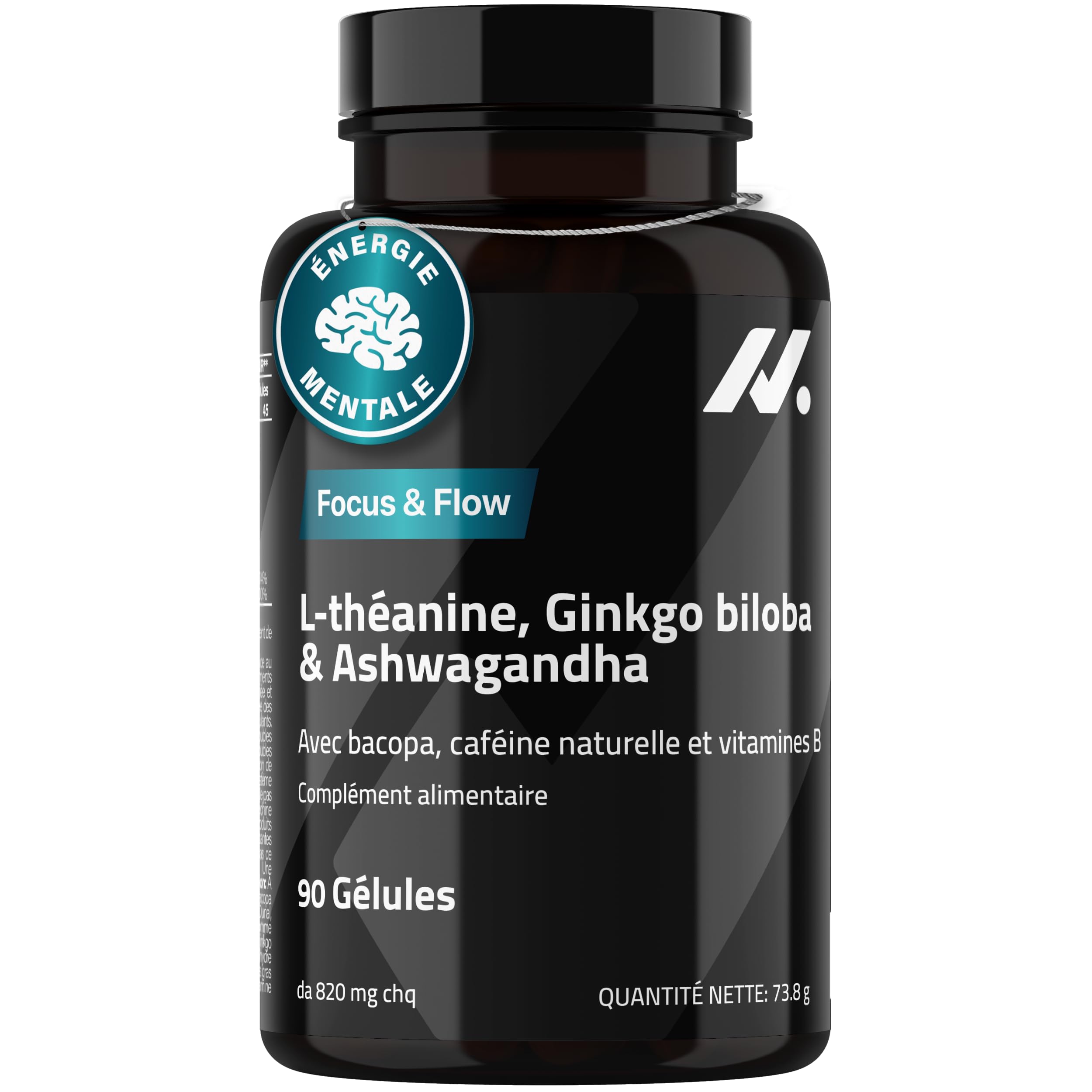 L-Théanine, Ginkgo Biloba, Ashwagandha – Nootropique avec Bacopa Monnieri, caféine naturelle, vitamines B6 & B12 fortement dosées | Focus, concentration & énergie sans nervosité | 90 gélules véganes