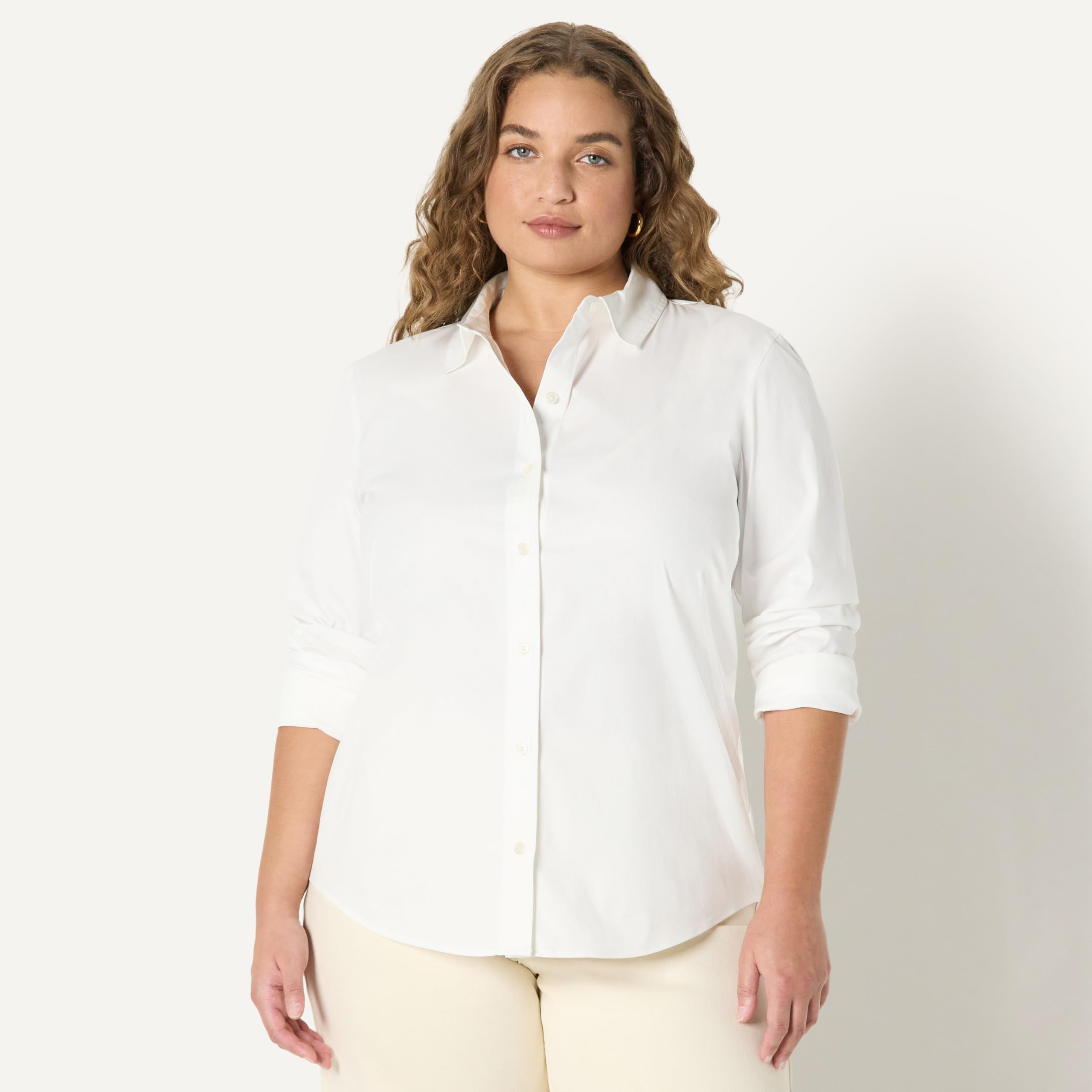 Amazon Essentials Mujer Camisa de Vestir con Botones de Popelina Elástica