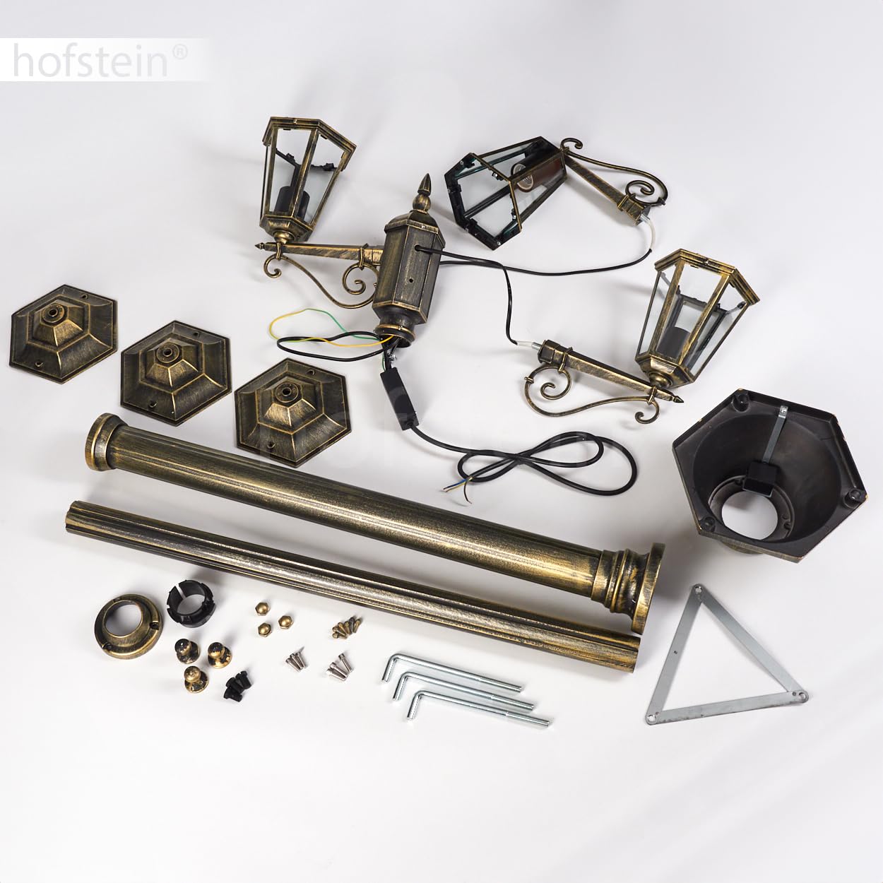 Lampa zewnętrzna Loria, oświetlenie ścieżki z metalu/szkła w kolorze złotym/brązowym/przezroczystym, kandelabr 3-punktowy antyczny wygląd, wysokość maks. 200 cm, oświetlenie ogrodowe IP44, 3 x E27,