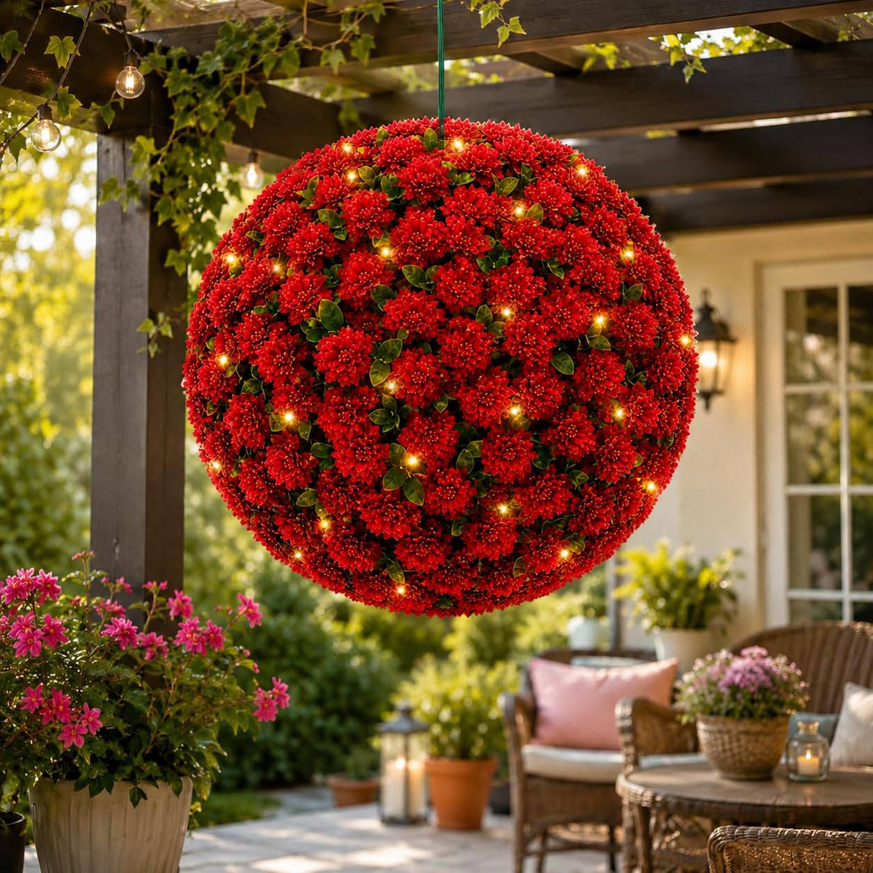 SORAHIGH Solar Topiary Ball Garden Light 27cm – Coloured Hanging Outdoor LED Ball Light, 20 LED Solar Powered Decorative Garden Lamp, Weatherproof Plastic Outdoor Patio & Garden Decor (Red)
