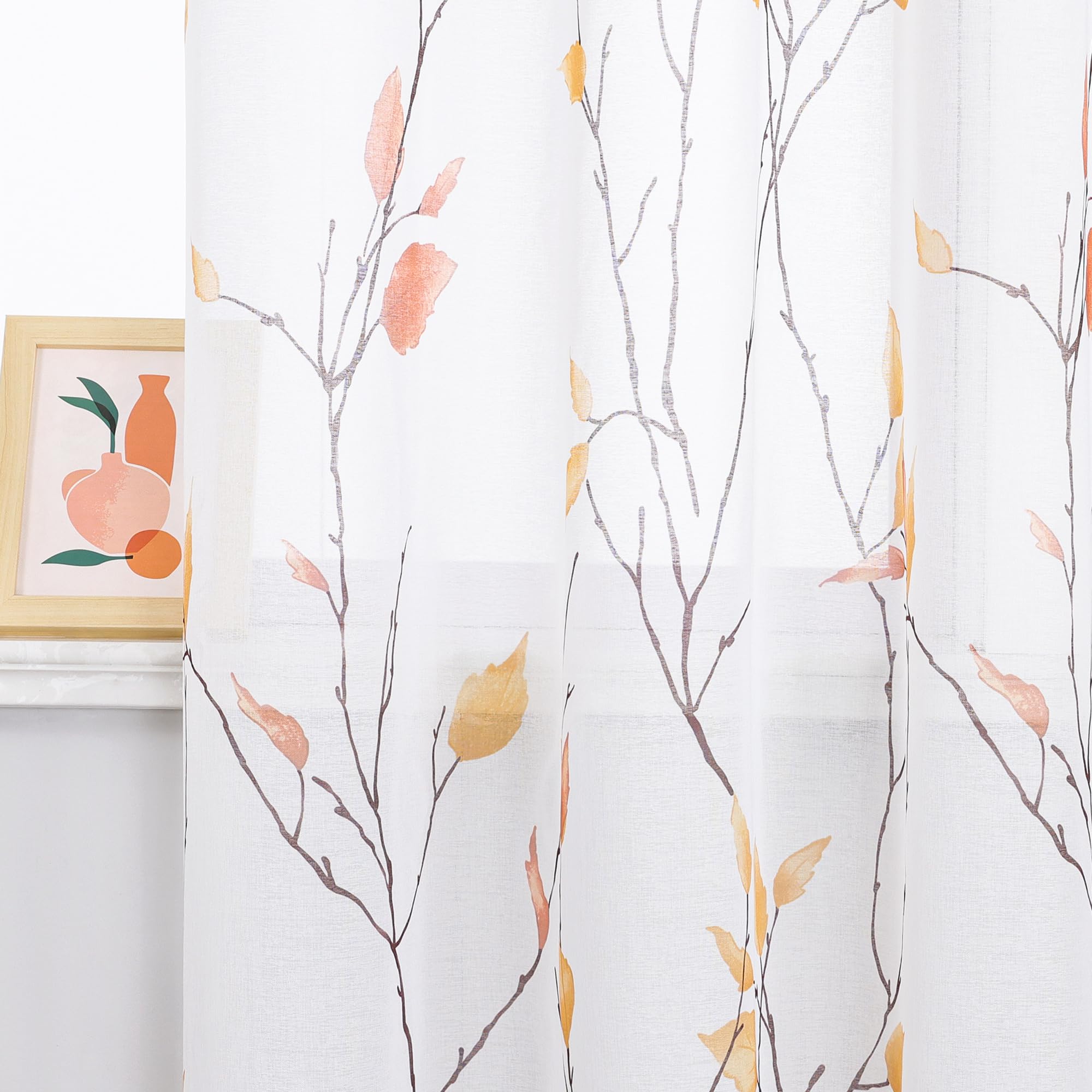 ESLIR Gardinen mit Kräuselband Vorhänge Gardinenschals Transparent Dekoschals mit Blumen Muster Landhaus Orange BxH 140x245 cm 1 Stück