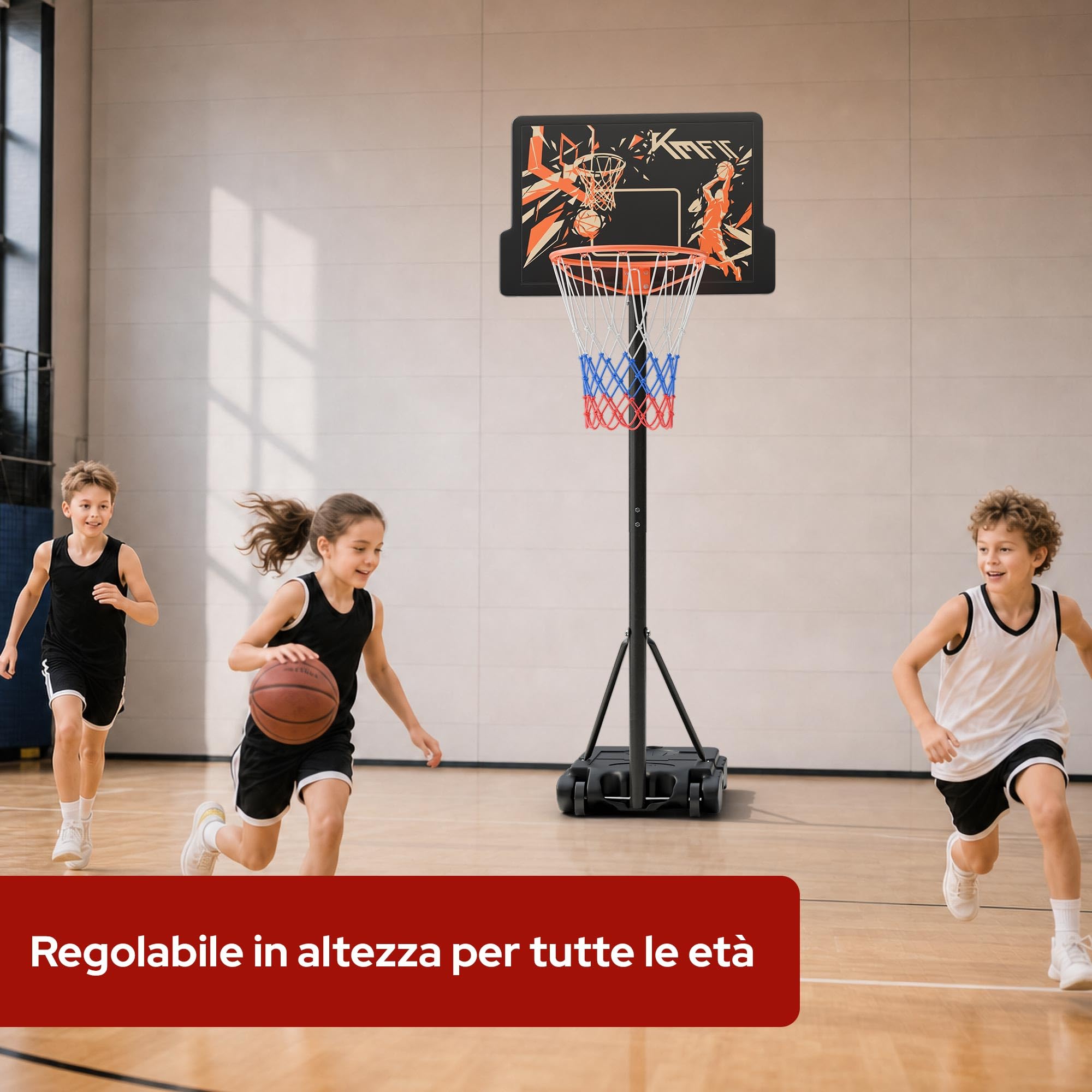 KM-Fit Canestro Basket Regolabile 110–210 cm | Supporto Basket Portatile con Ruote & Porta Palla | Canestro da Esterno per Bambini e Principianti | incl. 2 reti