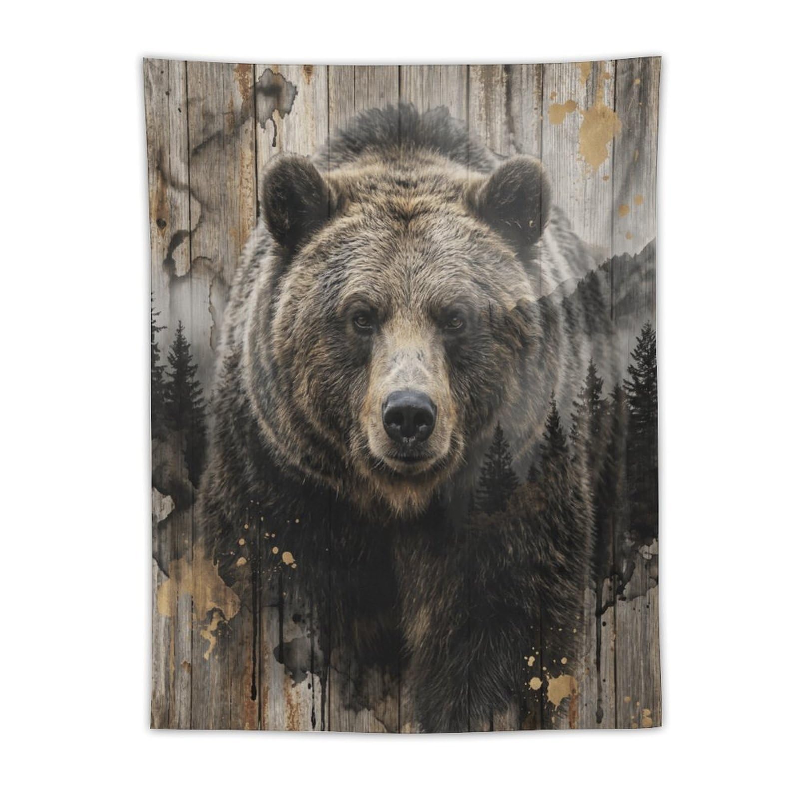 W7C8U2X3 Brown Bear Mountain Forest Wall Tapestry, Oil Painting Style