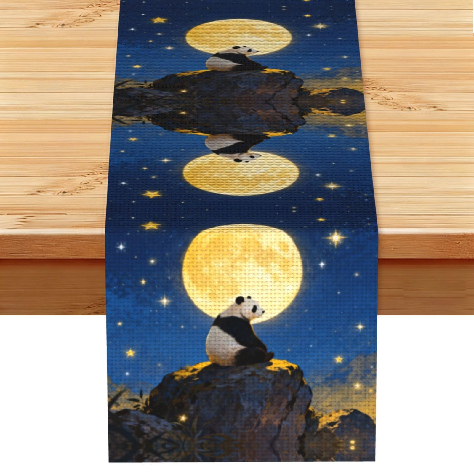 Panda Moon Night Linen Look Table Runner 13x72-Wrinkle Resistant Farmhouse Style for Dining Table Decor