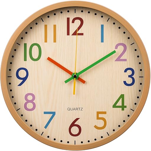 Kids Wall Clock Silent Non-Ticking Colorful Childrens Clock Round Decorative Wall Clocks for Classroom, School, Office, Bedroom, Living Room, Kitchen (Bamboo Grain, 12 inch)