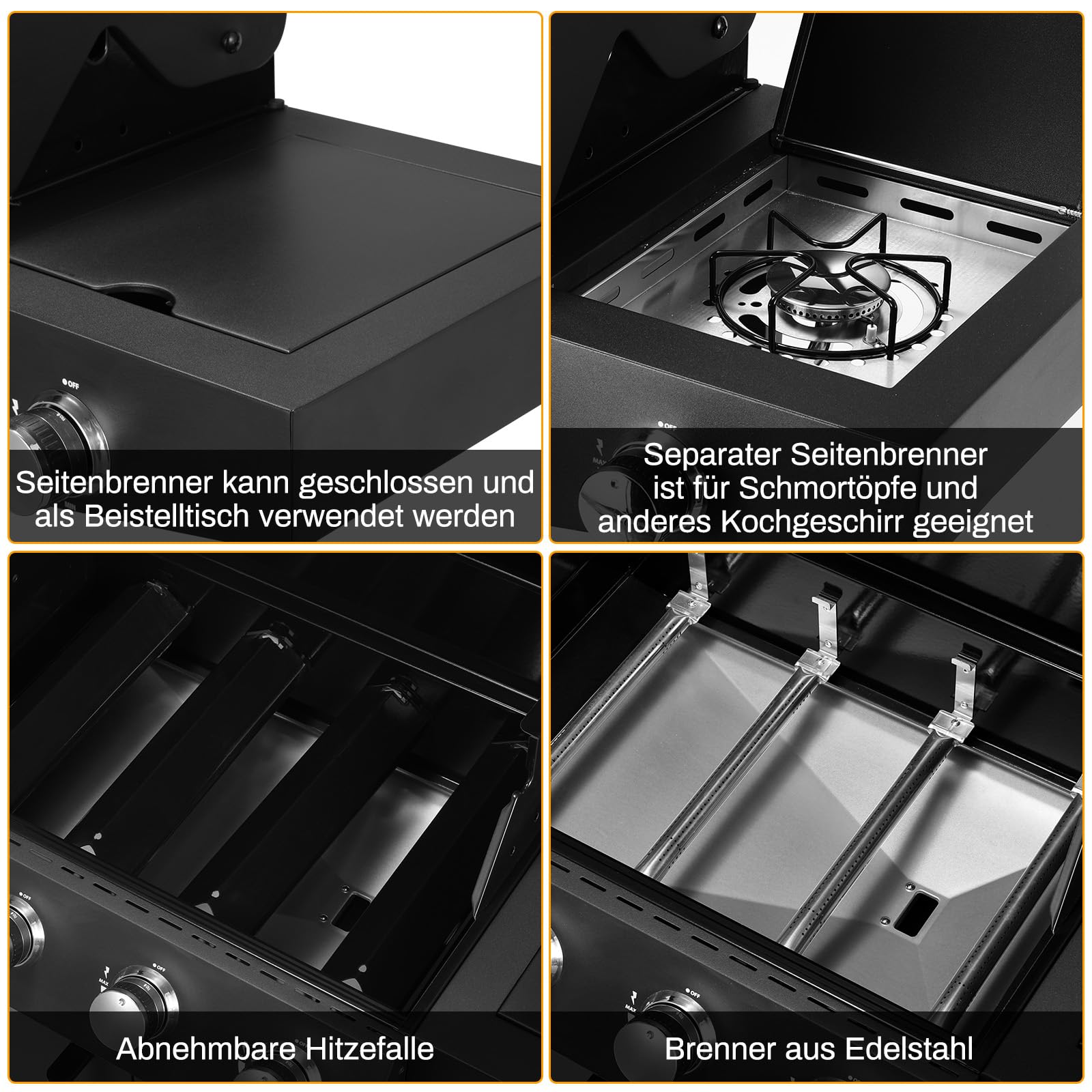 LIFERUN Gasgrill 4+1 Edelstahl Brenner,15 kw Gas Grillwagen BBQ mit Seitenkochfeld,Gasgriller mit Thermometer,4 PCS Bremse Rollen,DE I3B/P(50) Gasdruckregler,Standgrill Camping Garten(Butan/Propan)