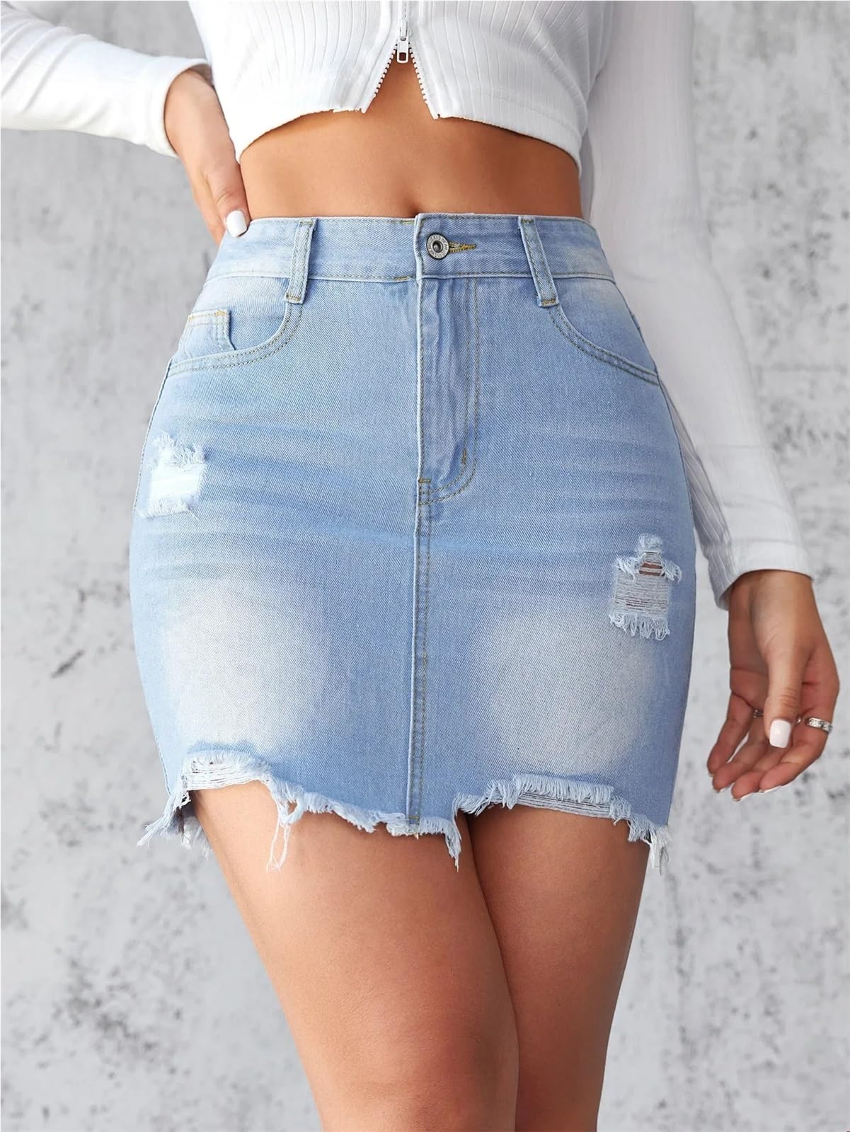 Gonna di jeans da donna corta a trapezio con bordi sexy in