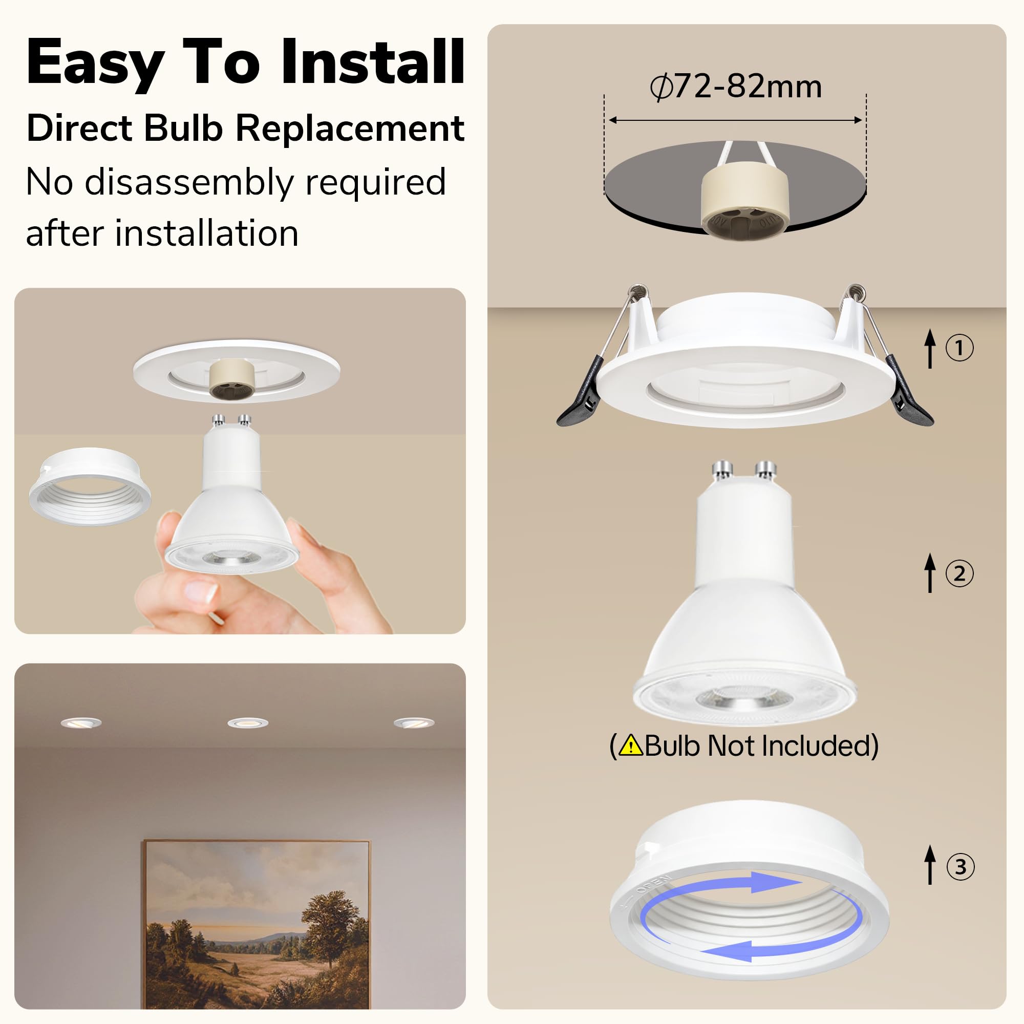 Set da 12 Cornice per Faretti da Incasso GU10 Orientabile 45°, Supporto Faretto Ø72-82mm con Portalampada GU10, Anti Abbagliamento, Frontale Rimovibile, Bianco Cornice Faretto da Sofitto