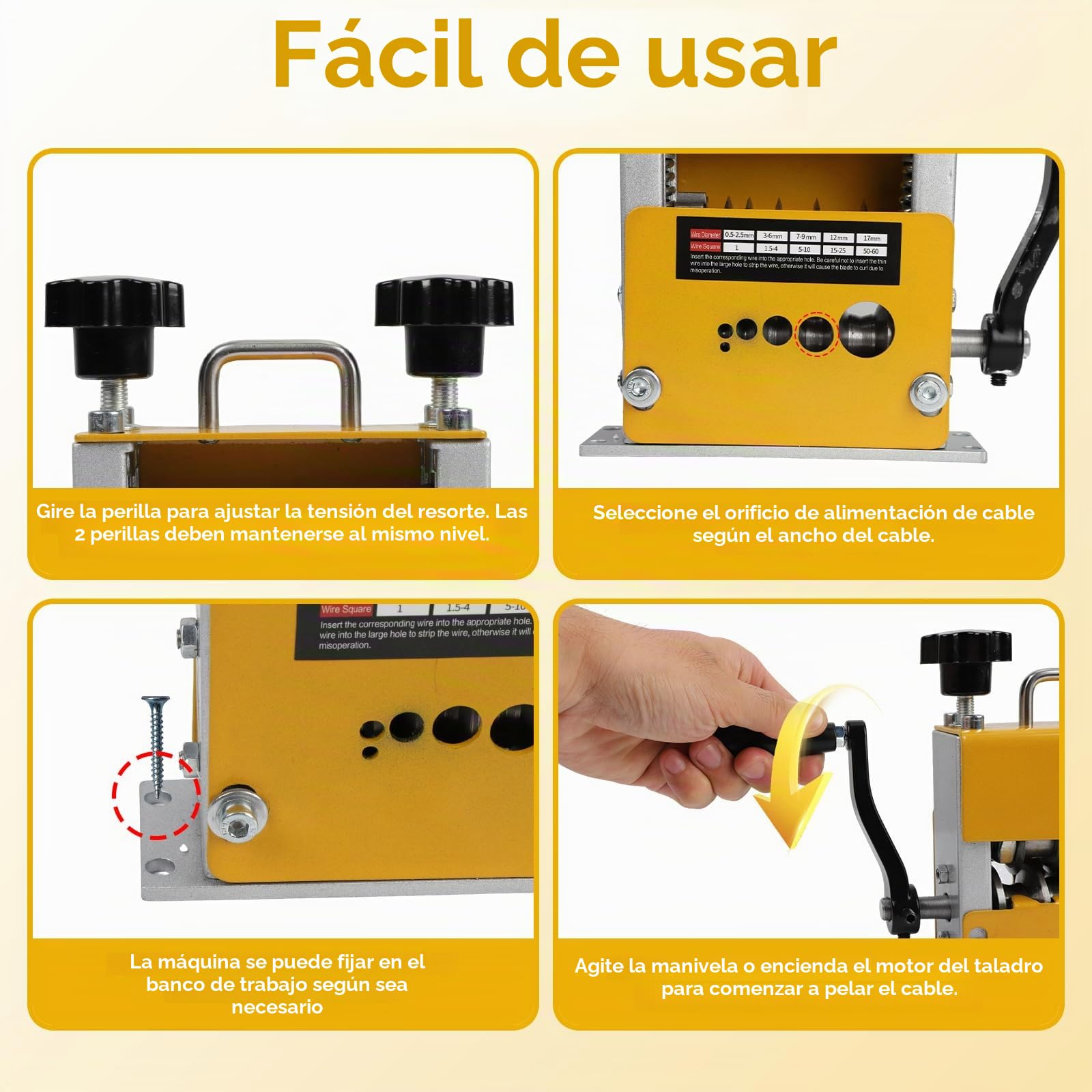 Máquina pelacables manual de 3 a 17 mm, pelacables manual, puede pelar 6 cables al mismo tiempo, herramienta de reciclaje de alambre de cobre rápido (amarillo)