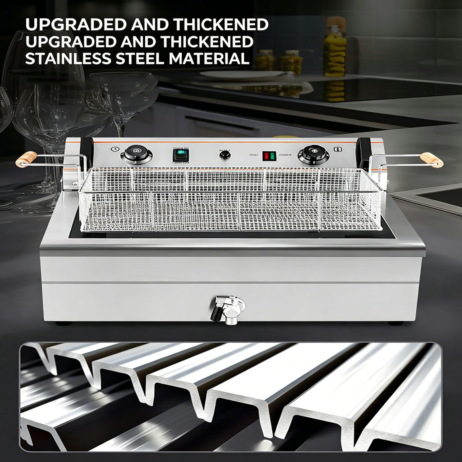 Friggitrice Elettrica da Banco da 20/30 Litri, Friggitrice Professionale con Riscaldamento a Quattro Anelli, Temperatura Regolabile e Timer, per Friggere Diversi Tipi di Alimenti