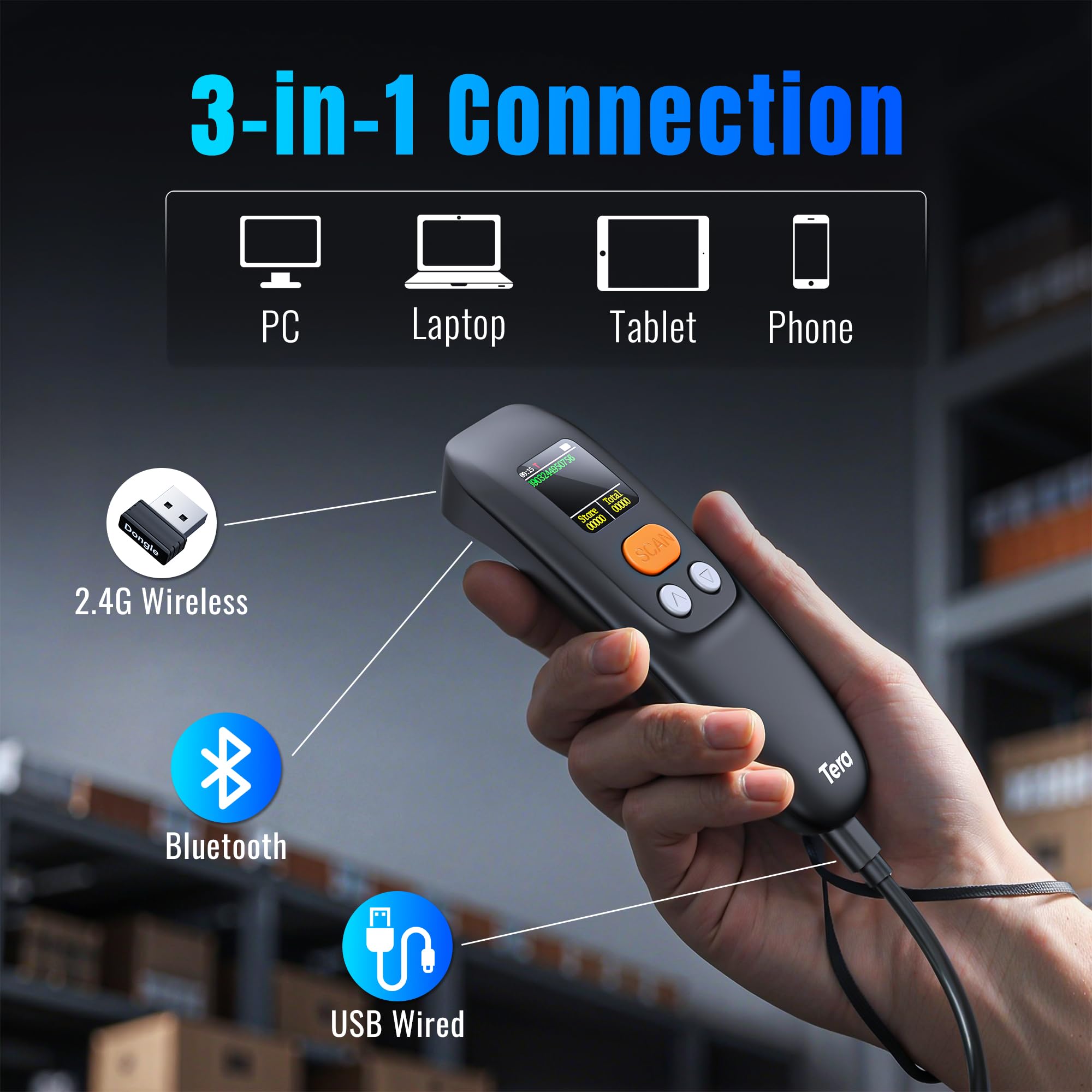 Tera Tragbar Barcode Scanner Mini: 1D 2D QR 1200mAh Akku mit Taste 1.4" Display & Ladestation Handheld Code Reader, mit Bluetooth 2.4G Kabellos & USB für POS Kassensystem Lager Einzelhandel Büro 1600