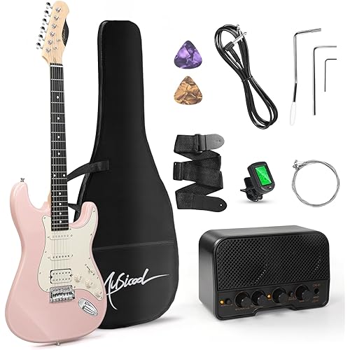Musicool 39 Inch Electric Guitar Starter Kit– HSS Pickups Solid Body Electric Guitar Includes Amplifier, Bag, Digital Tuner, Strap, String, Cable, Picks, Beginner Gift（Pink ）