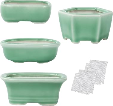 Bonsai Planter Succulent 4pc 3.2-3.9" 8-10cm Mini Green Pots