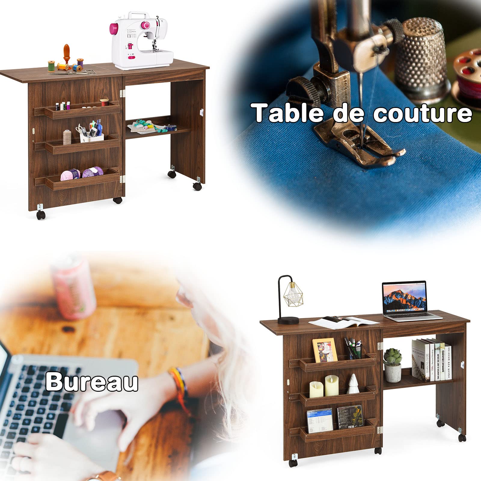 RELAX4LIFE Table Pliable pour Machine à Coudre avec 4 Etagères de Rangement, Armoire à Machine à Coudre avec roulettes avec Freins, Table Pliable en MDF, 117 x 40 x 77 CM, Blanc/Naturel/Brun (Brun)