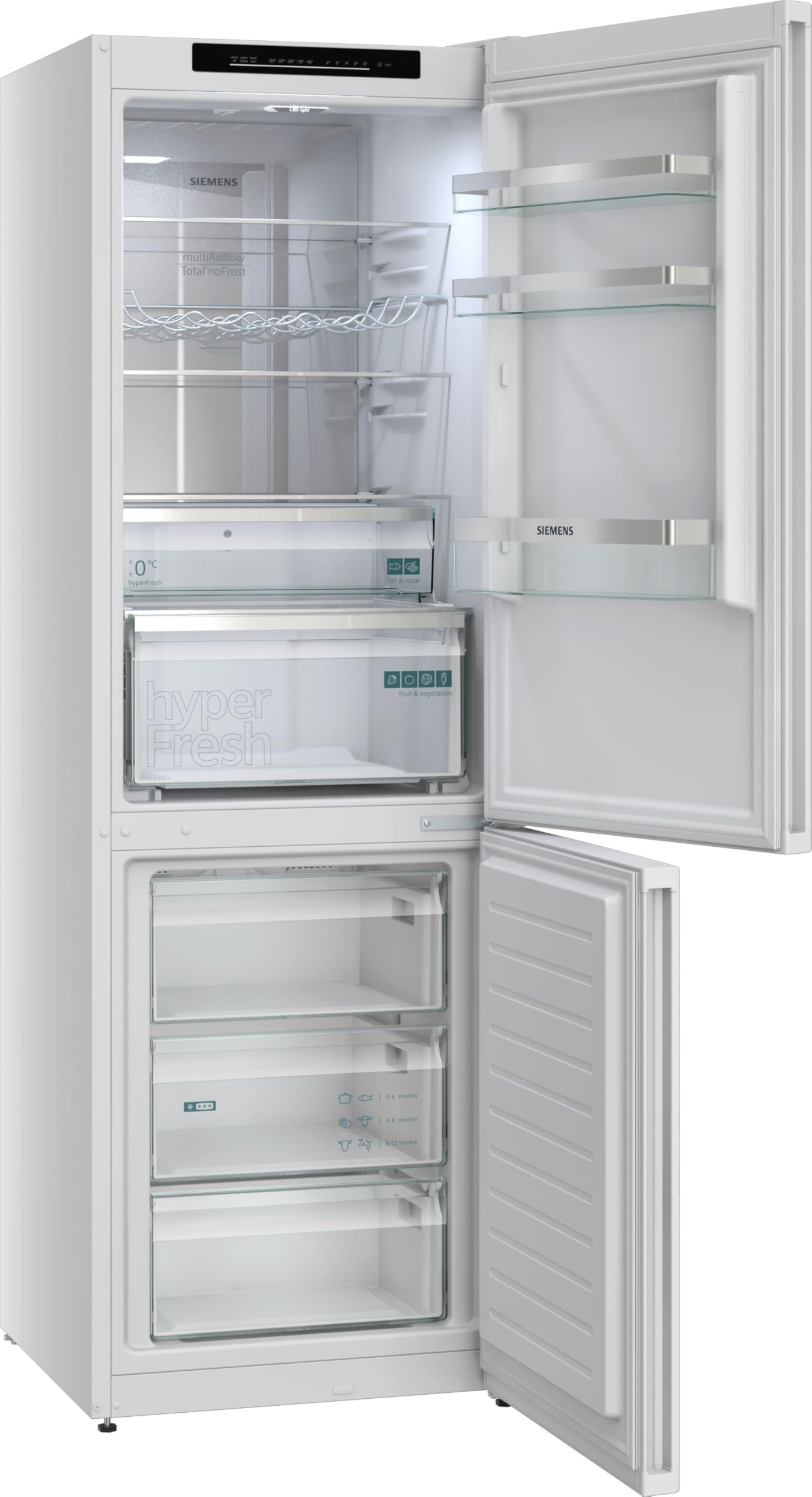 Siemens iQ300 Freistehende Kühl-Gefrier-Kombination 186 x 60 cm, KG36NVWCG, 218 L Kühlen & 103 L Gefrieren, Total noFrost, Nahtlose Platzierung, multiAirflow System, hyperFresh Technologie, Weiß
