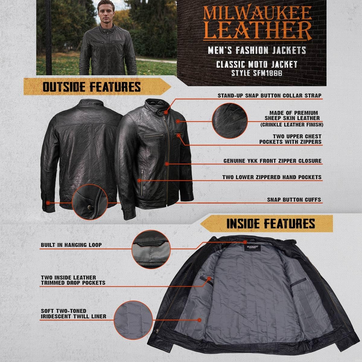 Milwaukee Leather SFM1866 Men's Classic Black Premium Leather Motorcycle Style Jacket with Zipper Front - Image 2