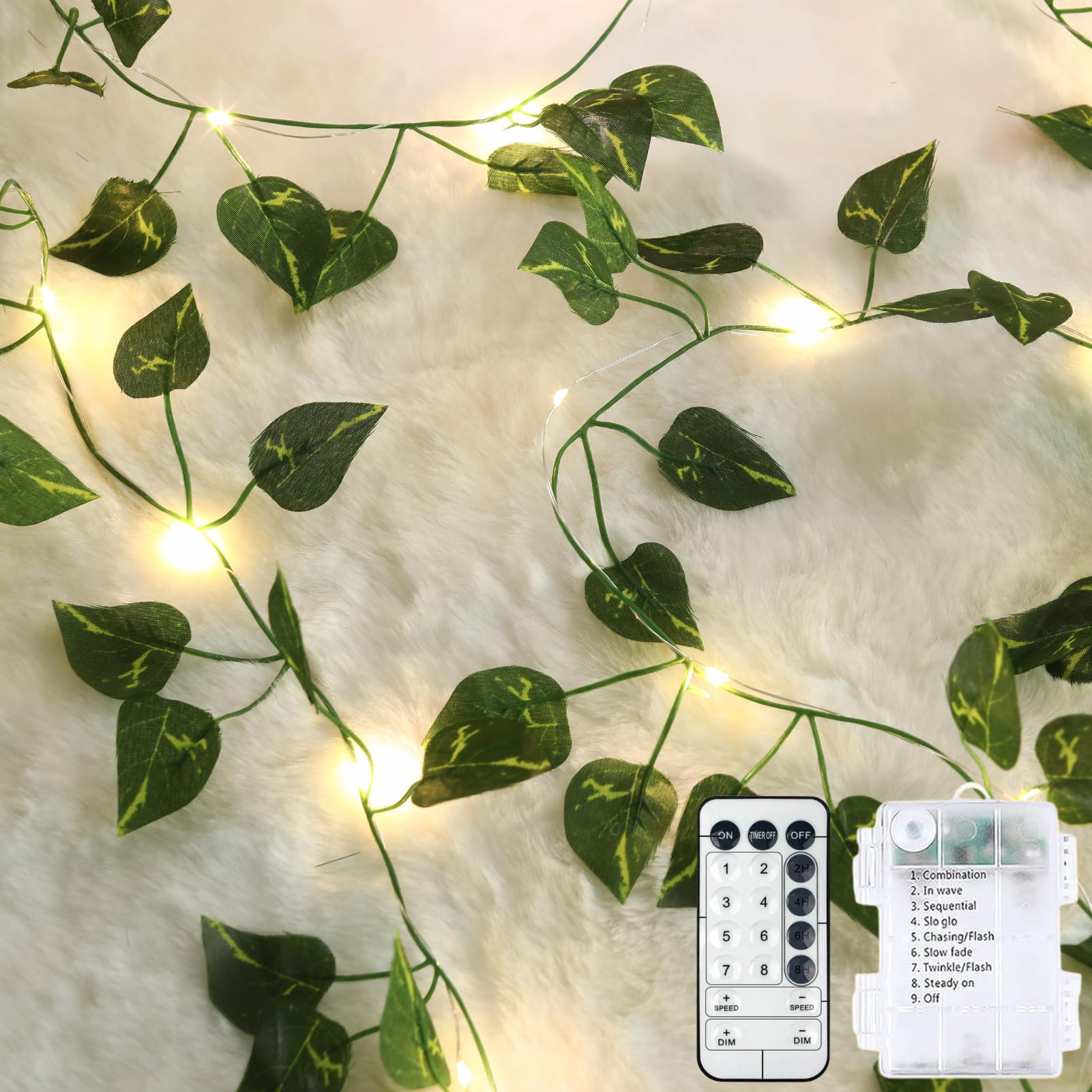 Pothos - Confezione da 2 lucine con 120 LED, 12,2 m, con spina USB e funzionamento a batteria, con timer, 8 modalità, luce decorativa per camera da letto, matrimonio, festa, colore: bianco