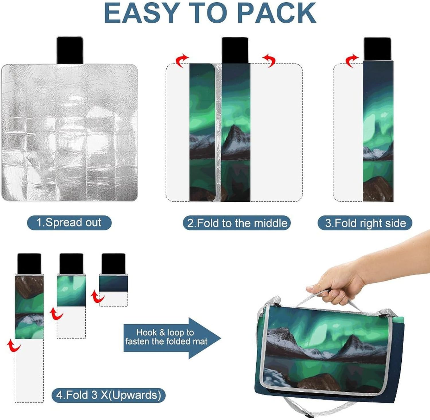 Aurora Borealis Waterproof Picnic Blanket 58.3''x58.3'',Portable and Foldable Picnic Mat with Handle,Outdoor Blankets for Lawn Park Beach Travel