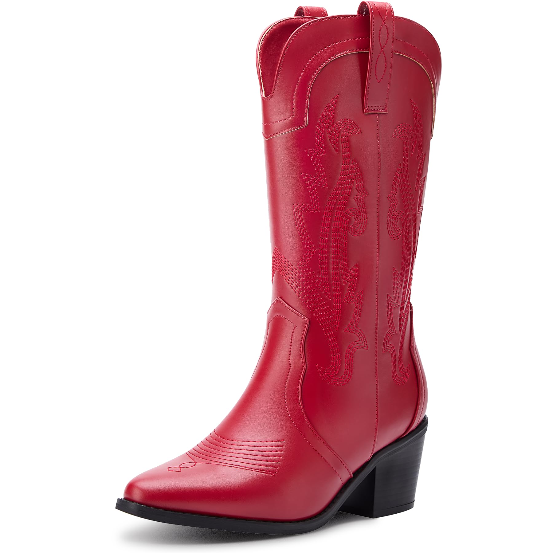 Solestique Women's Cowboy Boots Pointed Toe Western Boots Embroidered Mid-Calf Chunky Block Heel Cowgirl Boots