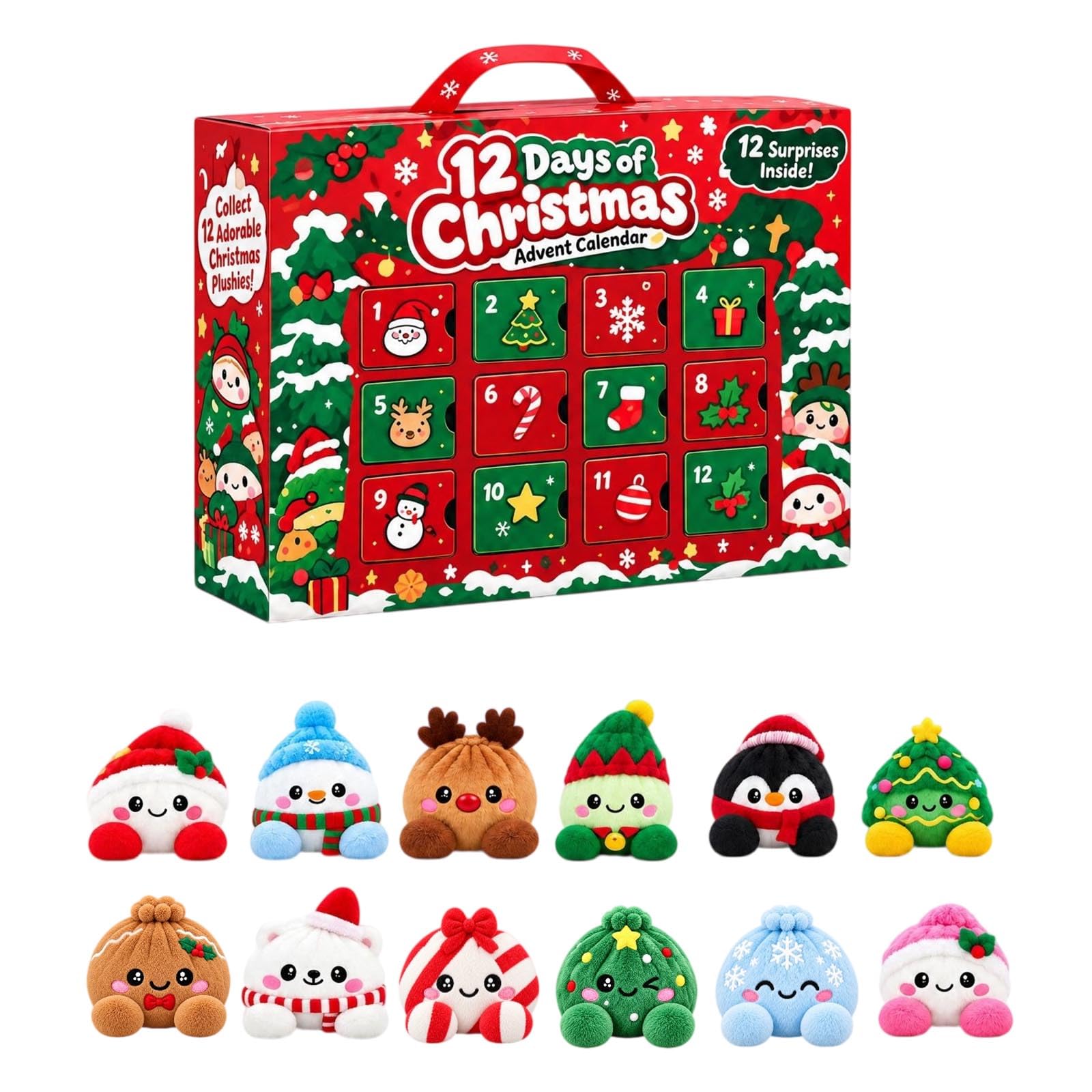 Dumpling Adventskalender, 12 Stück, 6 cm Dumpling Plüschtier Weihnachten | Dumpling Adventskalender, 12 Stück, 6 cm, Plüschtier, Weihnachtsdeko, Anti-Stress, Langsames Zurückfedern, Tragbar