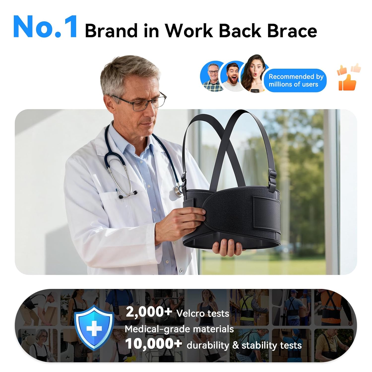 Work Back Brace for Men & Women, Adjustable Lower Back Support Belt with Suspenders for Back Pain Relief, Moving Construction Warehouse Heavy Lifting Safety & Protection (Black, Large) - Image 8