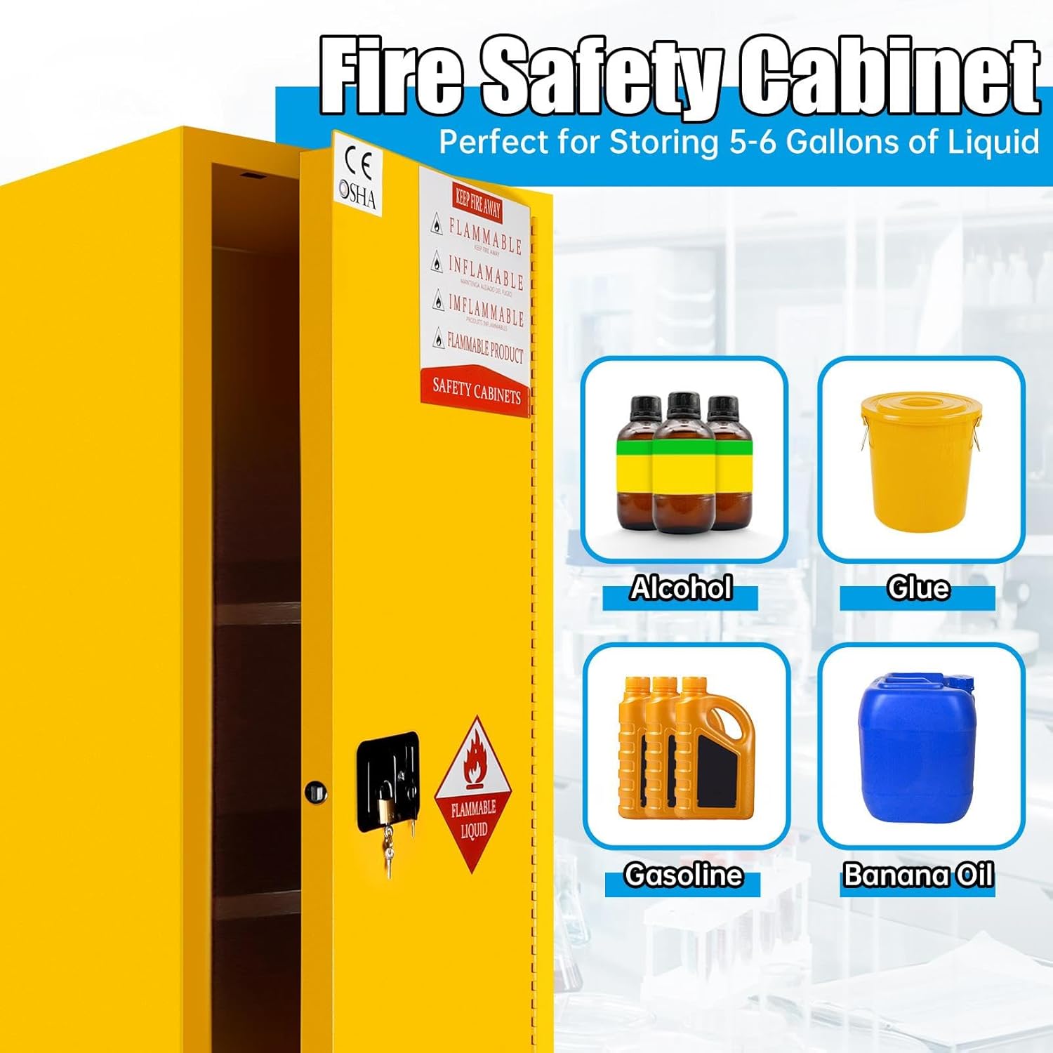 Flammable Storage Cabinet 22 Gallon, 23.22"(L)*18.11"(W)*64.96"(H), Galvanized Steel Flammable Liquid Storage Cabinet, with 3-Point Locking System, Fire Cabinet for Factory, Laboratory, Home