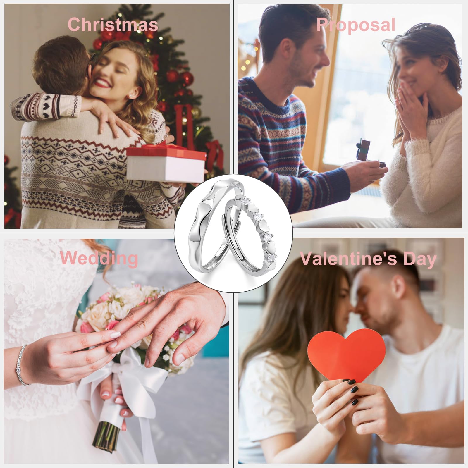 Anillos de boda de plata de ley 925 a juego para parejas ajustables para el día de San Valentín