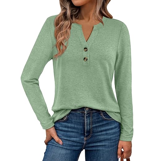 WYNNQUE Womens Long Sleeve Shirts Business Casual Outfits Dressy Tops Blouses Henley V Neck Fall Clothes