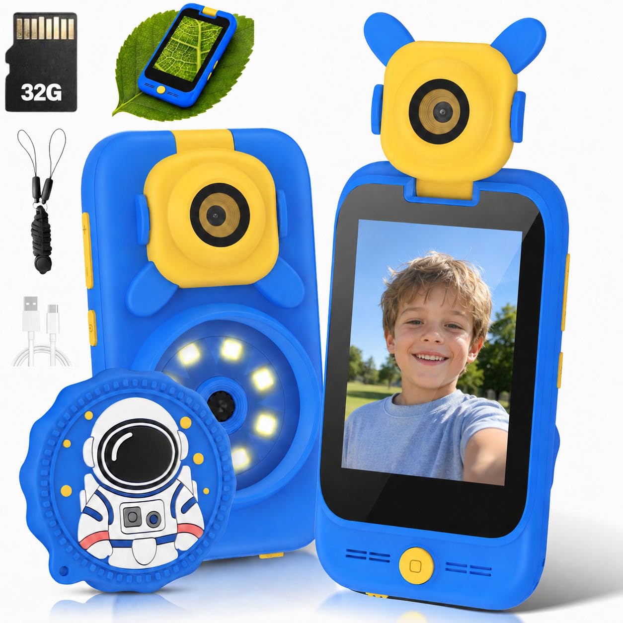 Telefon dla dzieci, składany aparat i mikroskop, prezent dla dzieci w wieku 3-8 lat, zielony dinozaur 2,8", ekran dotykowy 2,8", 32 GB w zestawie, około 2,5 godziny użytkowania