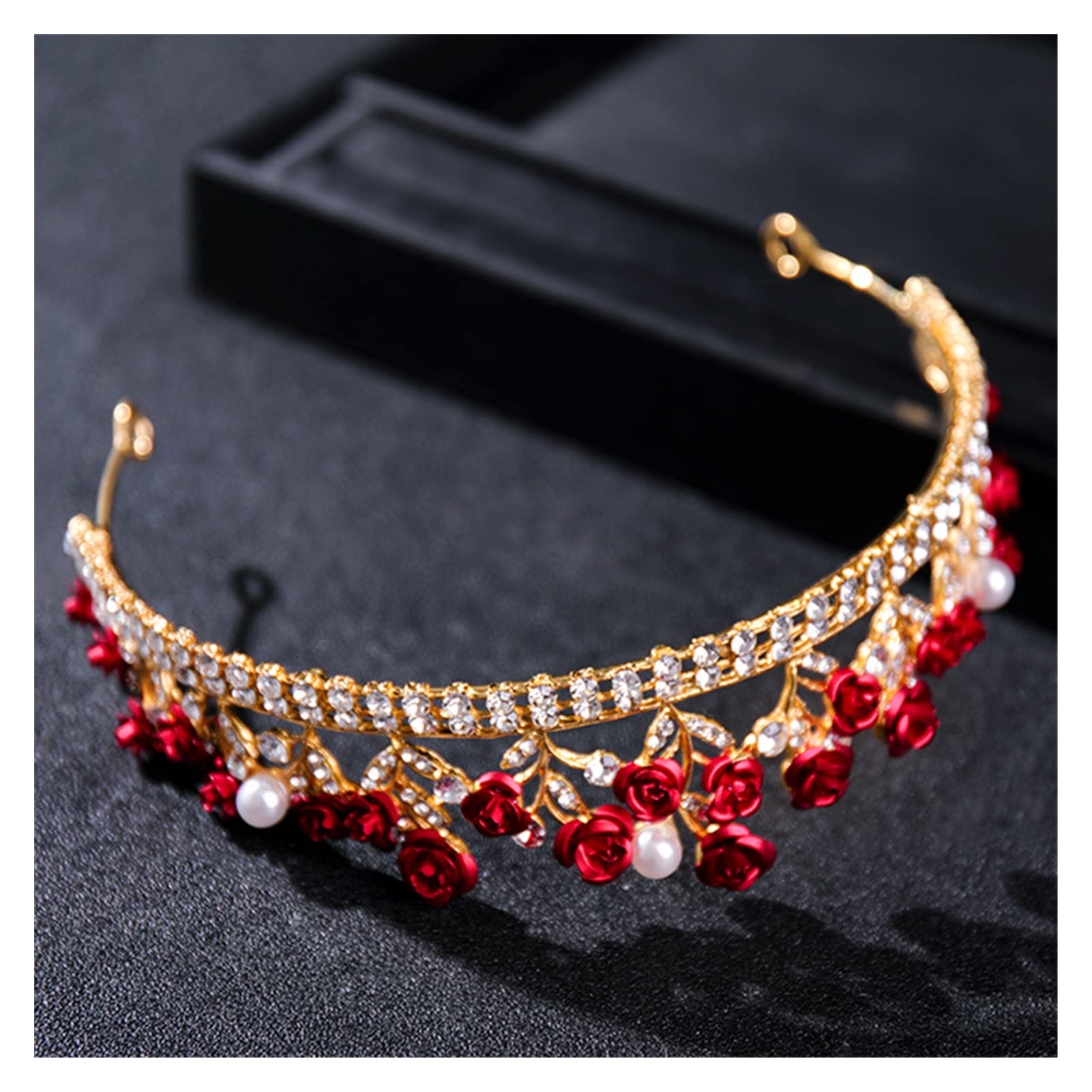 Kwiat kryształowa korona Tiara czerwona róża elegancka opaska do włosów z pałąkiem na głowę Diadem kobiety ślubne akcesoria do włosów dla nowożeńców biżuteria złoty kolor Tiara (kolor metalu: złoty)