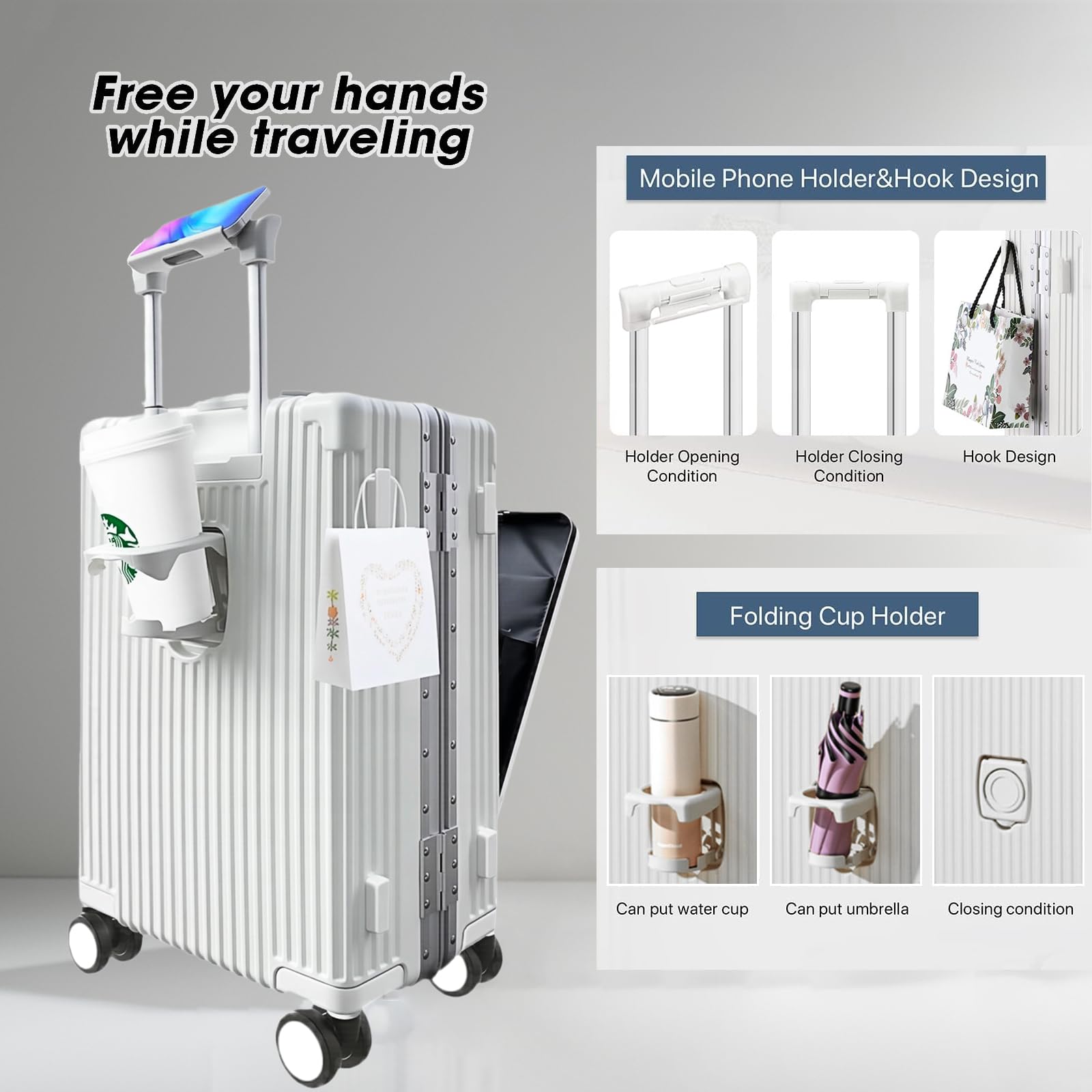 LANMOU Maleta de Cabina 20″, Marco de Aluminio + PC, Puerto USB, Blanco | Maleta Cabina Rígida 56×35×23 cm con 4 Ruedas, Cerradura TSA