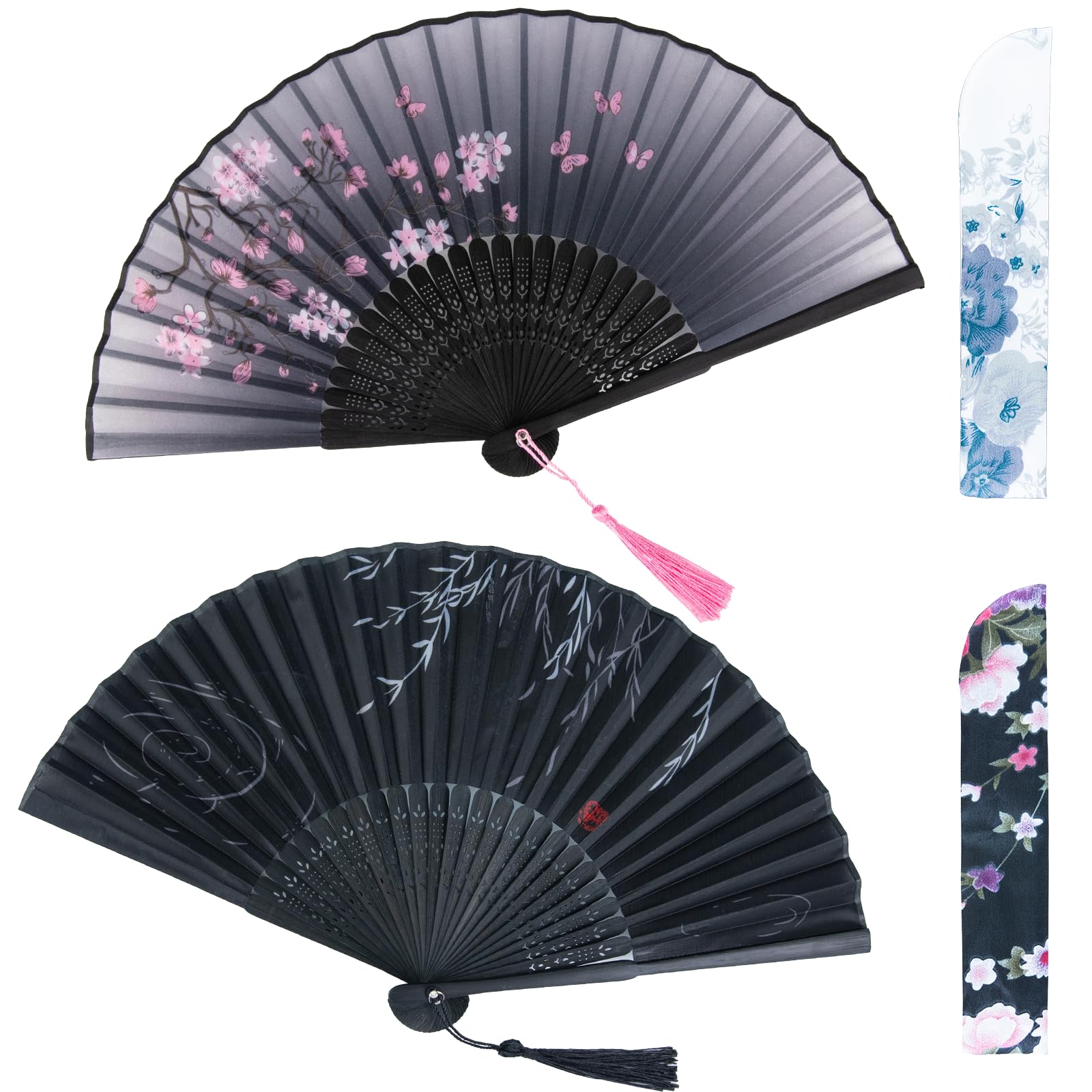 2 Pcs Hand Fans for Women Foldable, Paper Fans Handheld, Chinese Fan & Japanese Fan for Party, Bamboo Silk Folding Hand Fan for Wedding & Home Decoration