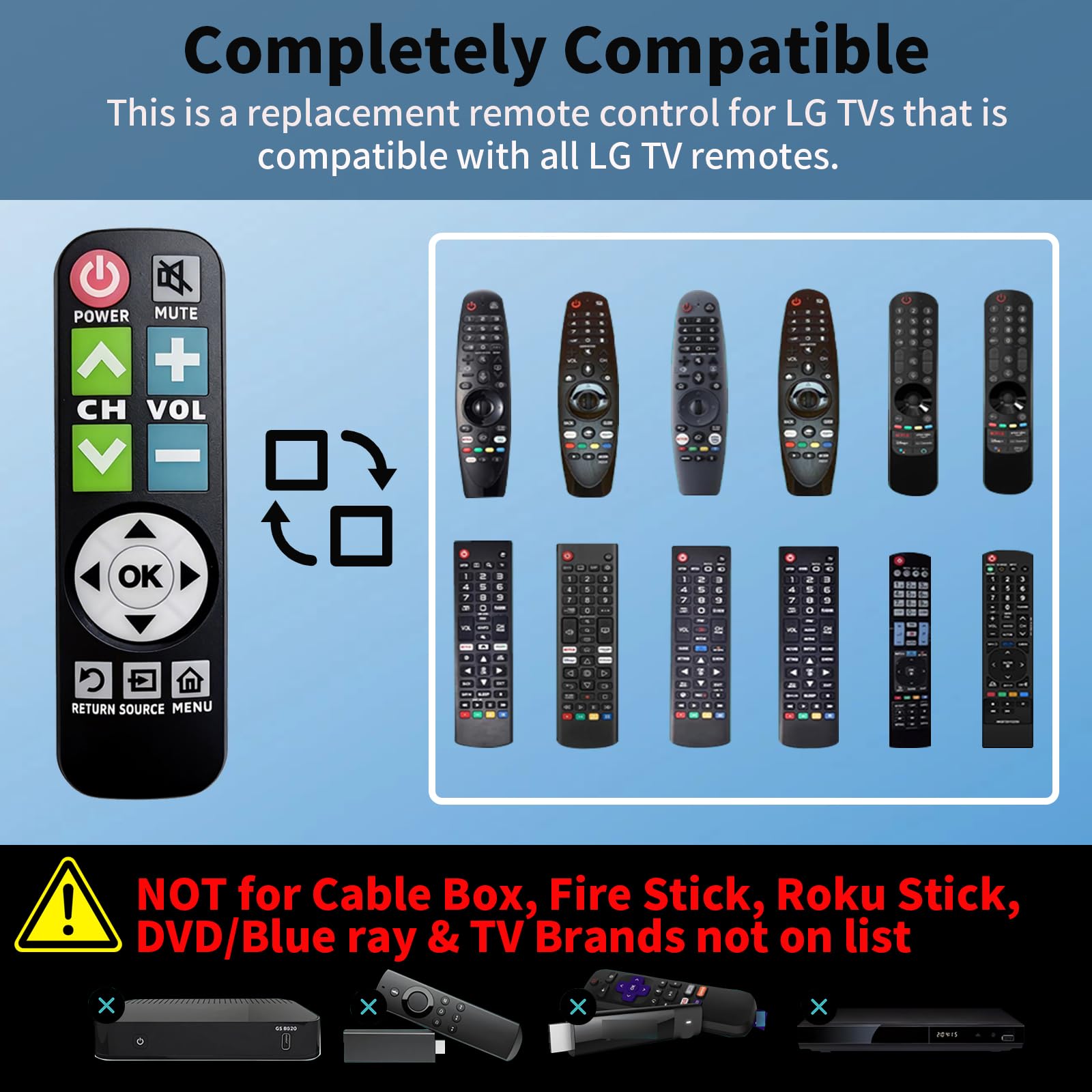 Mando a distancia retroiluminado con botón grande para TV LG con cubierta y gancho, control remoto universal sin configuración para personas mayores con mala visión, pacientes con enfermedad