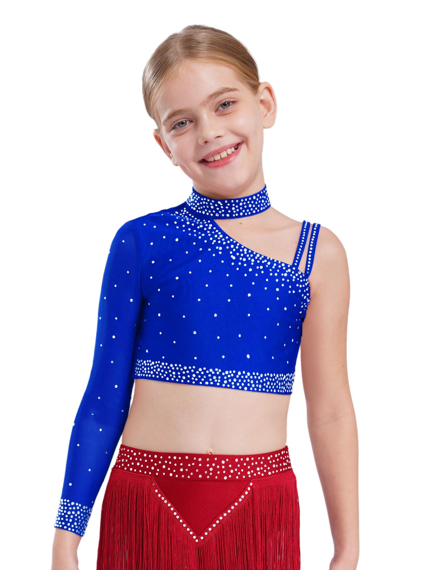 Sxiwei Enfant Fille Robe Danse Moderne Jazz Haut Une Epaule Strass avec Jupe Short Tenue Danse Latine Samba Salsa Costume Patinage Gymnastique